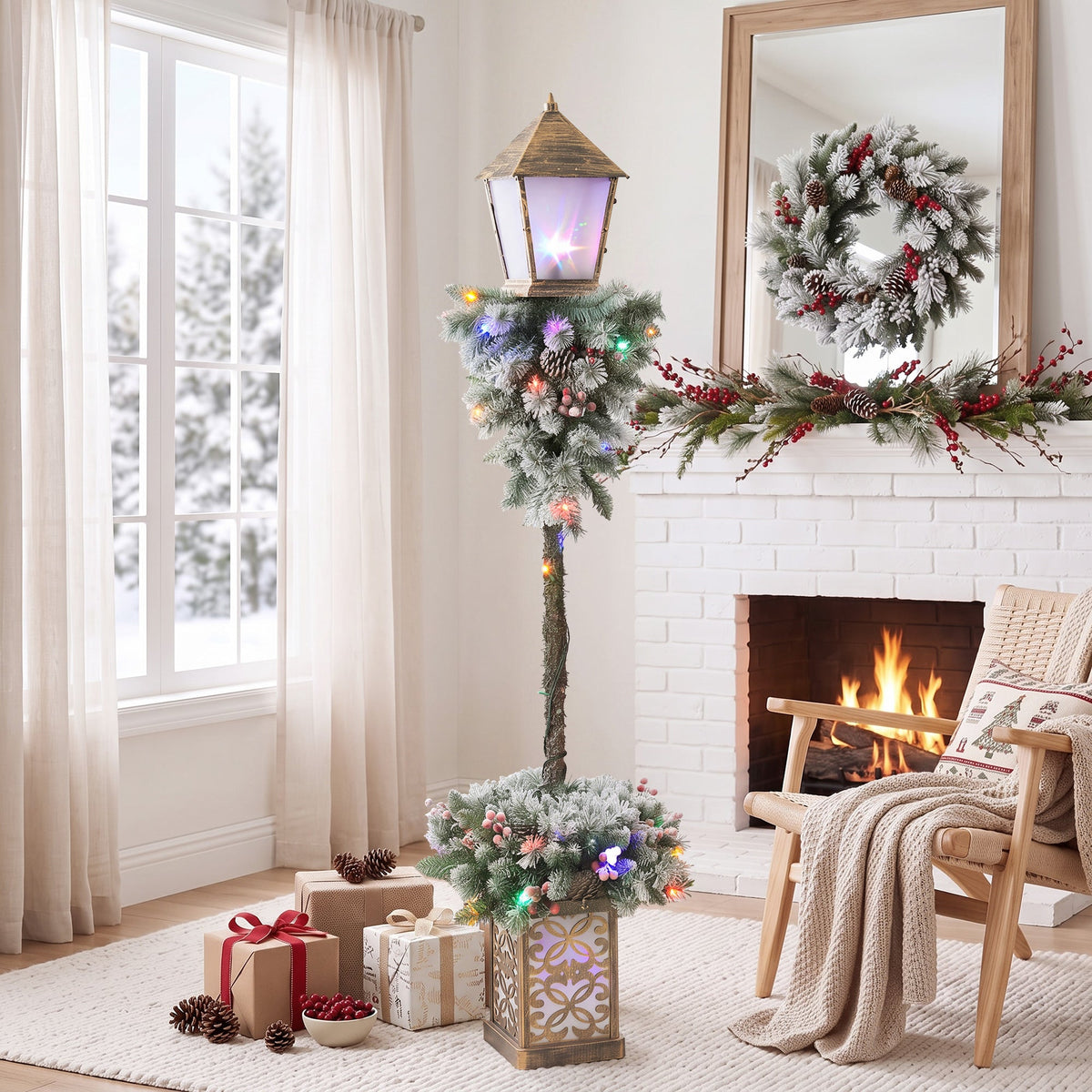 Christmas Street Lamp, Lighted Christmas Lamp Post with 50 LED Lights, 215 Snow Flocked Tips, Red Berries, Pine Cones, IP44 Waterproof, Outdoor Tree Lamp for Home, Doorway and Porch