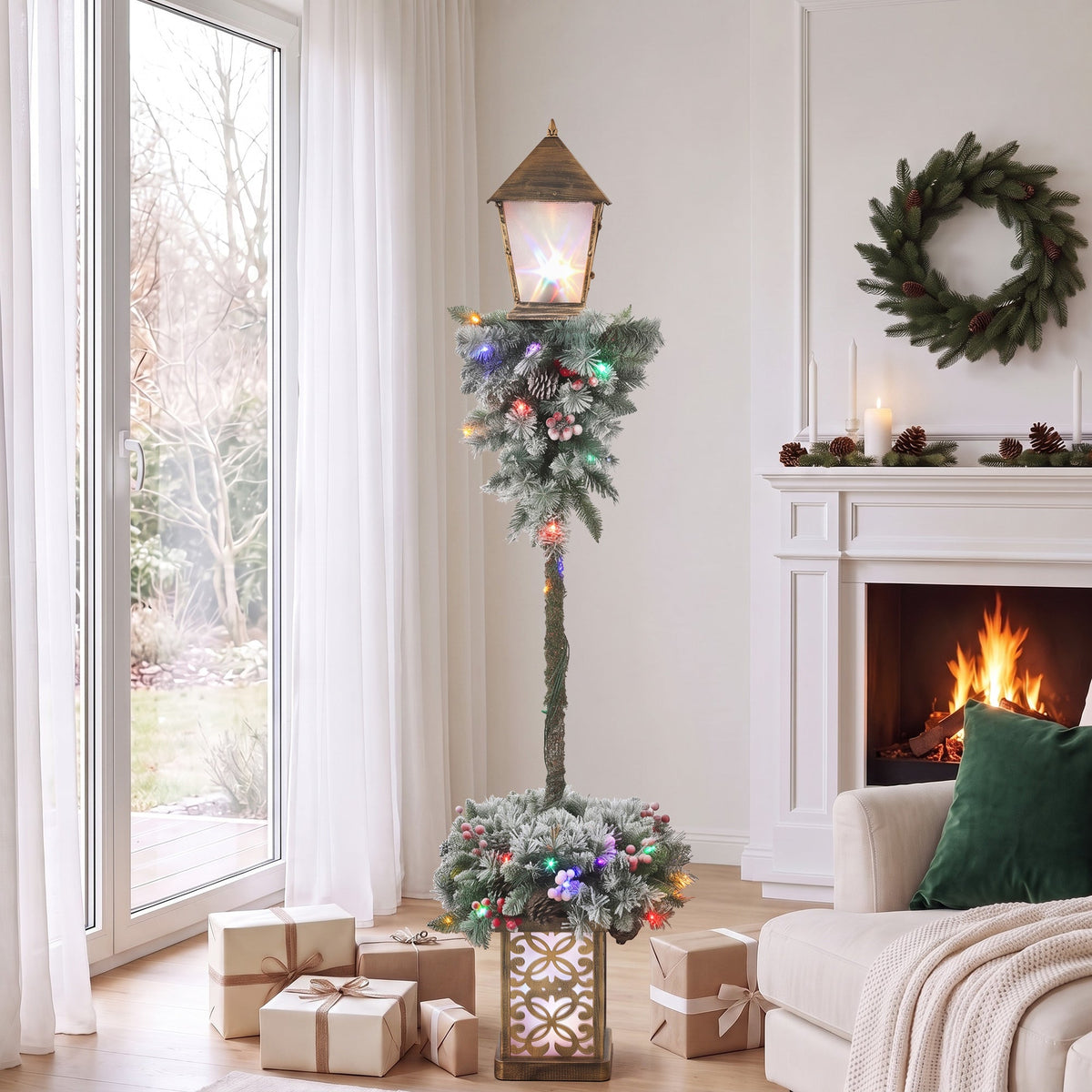 Christmas Street Lamp, Lighted Christmas Lamp Post with 50 LED Lights, 215 Snow Flocked Tips, Red Berries, Pine Cones, IP44 Waterproof, Outdoor Tree Lamp for Home, Doorway and Porch