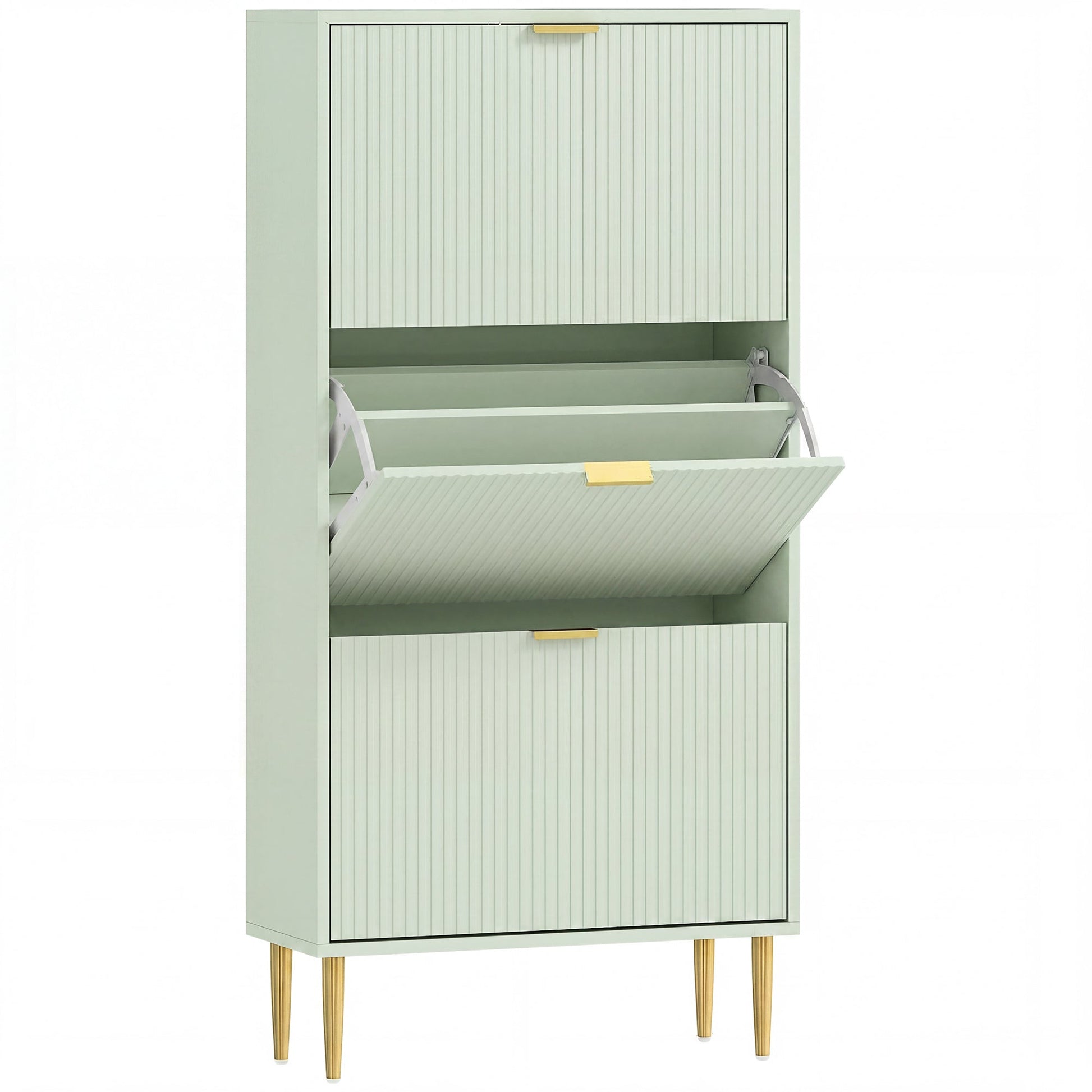 Narrow Shoe Cabinet with 3 Flip Drawers, Modern Slim Shoe Storage Cabinet with Fluted Doors and Adjustable Shelves for Hallway, Holds 9-18 Pairs, Light Green