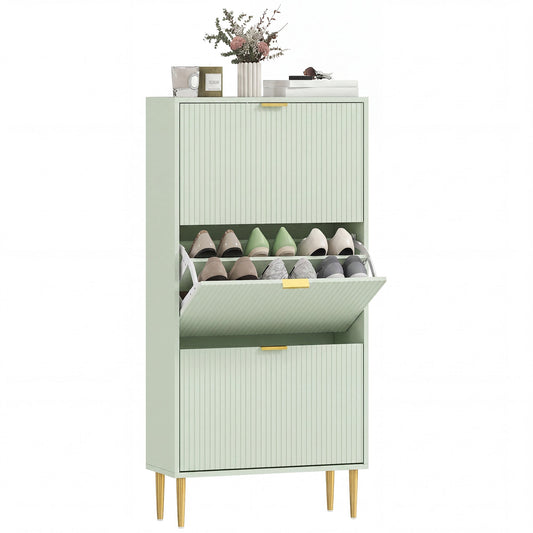 Narrow Shoe Cabinet with 3 Flip Drawers, Modern Slim Shoe Storage Cabinet with Fluted Doors and Adjustable Shelves for Hallway, Holds 9-18 Pairs, Light Green