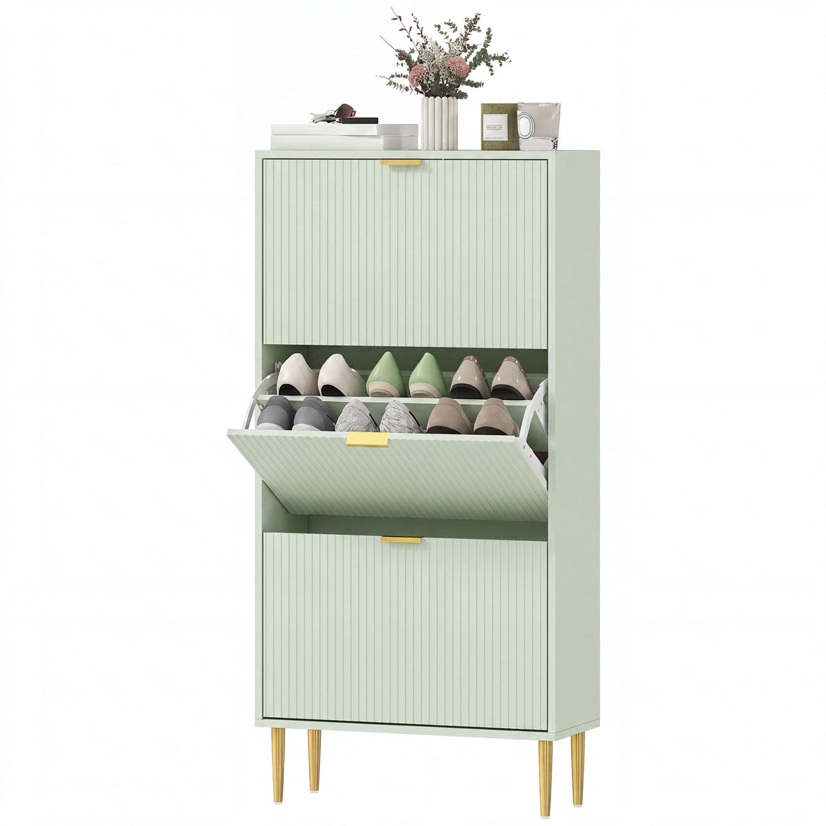 Narrow Shoe Cabinet with 3 Flip Drawers, Modern Slim Shoe Storage Cabinet with Fluted Doors and Adjustable Shelves for Hallway, Holds 9-18 Pairs, Light Green