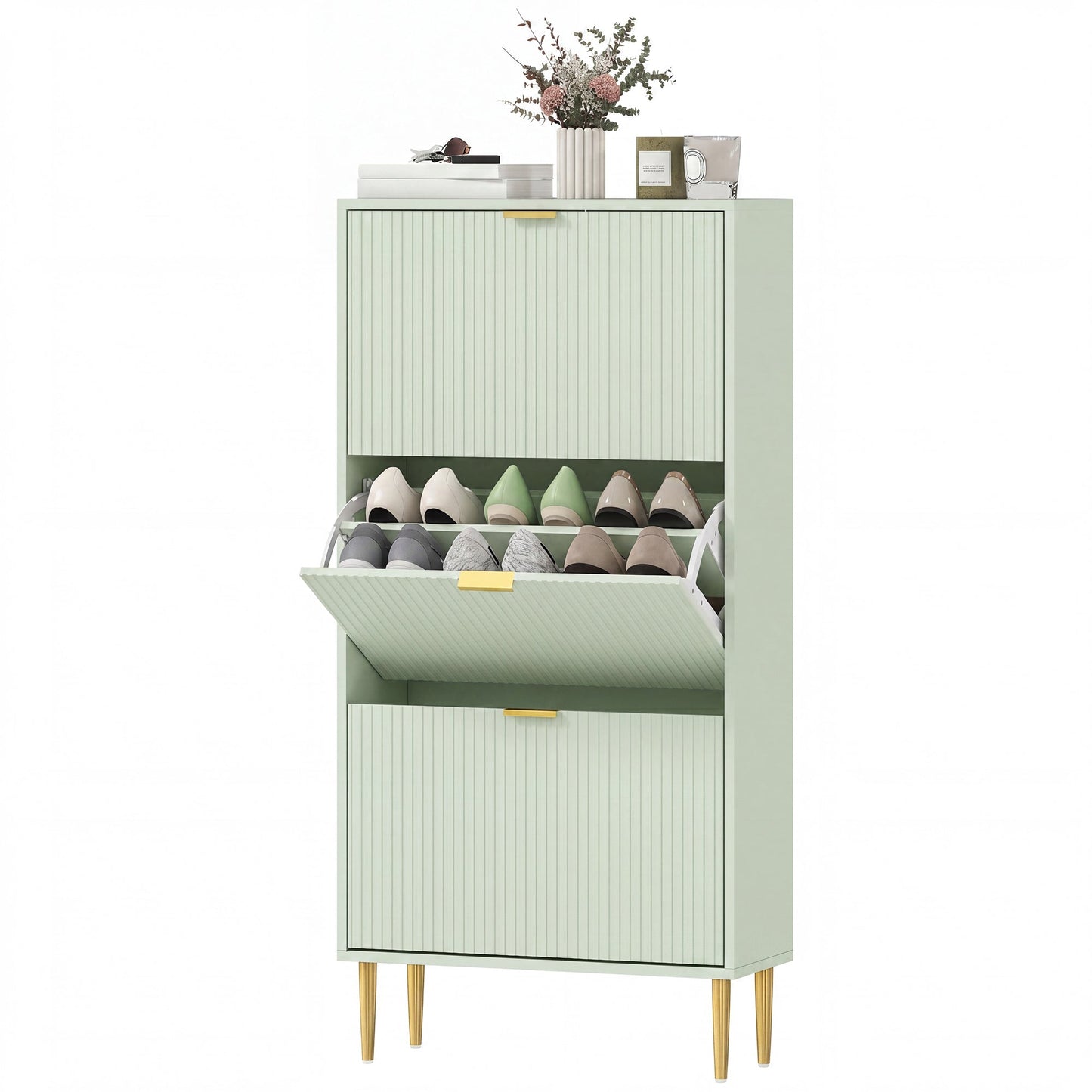 Narrow Shoe Cabinet with 3 Flip Drawers, Modern Slim Shoe Storage Cabinet with Fluted Doors and Adjustable Shelves for Hallway, Holds 9-18 Pairs, Light Green
