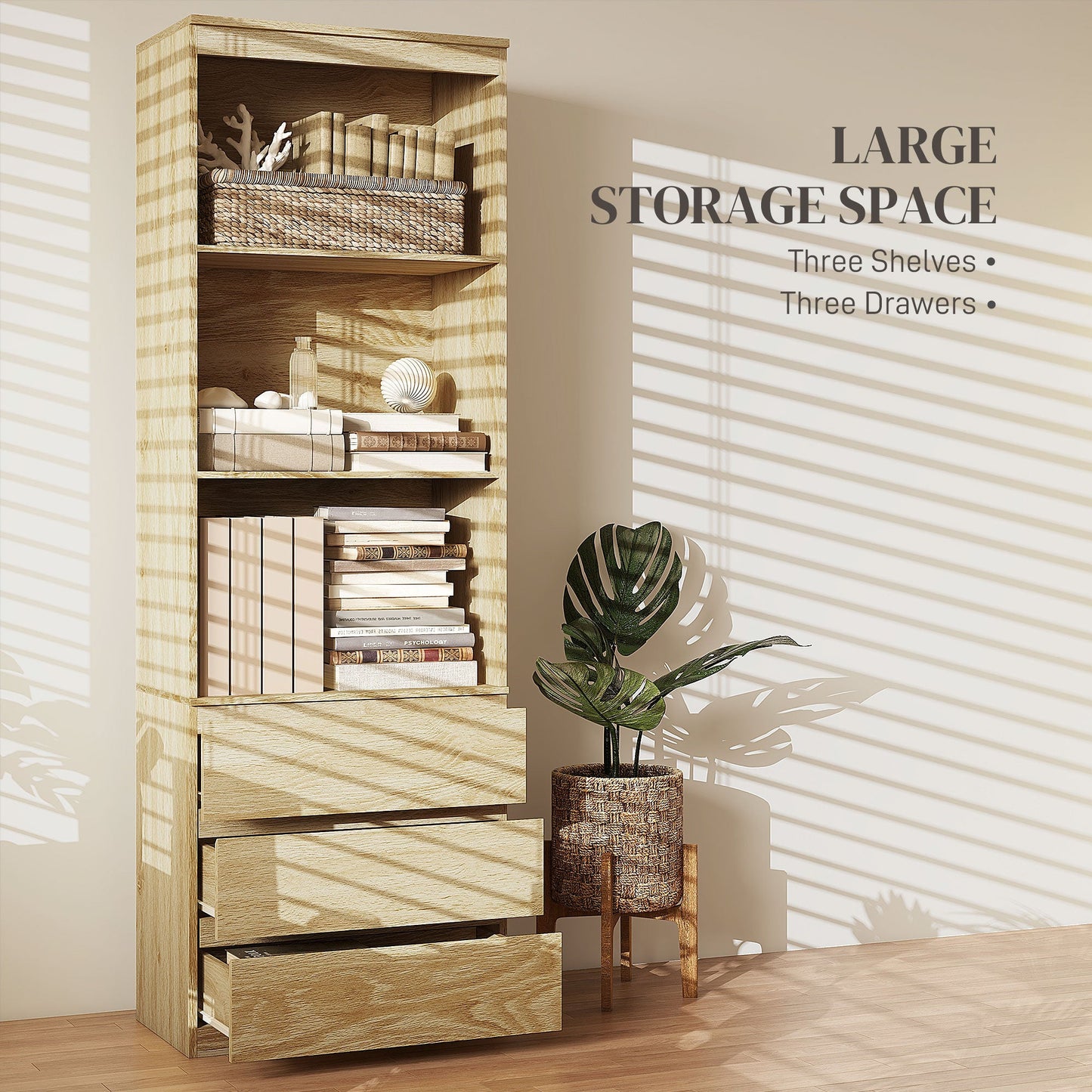 HOMCOM 180cm Tall Bookcase with Storage, Free Standing Bookshelf with 3 Shelves and 3 Drawers, Display Cabinet for Living Room, Home Office, Bedroom, Oak Wood Effect