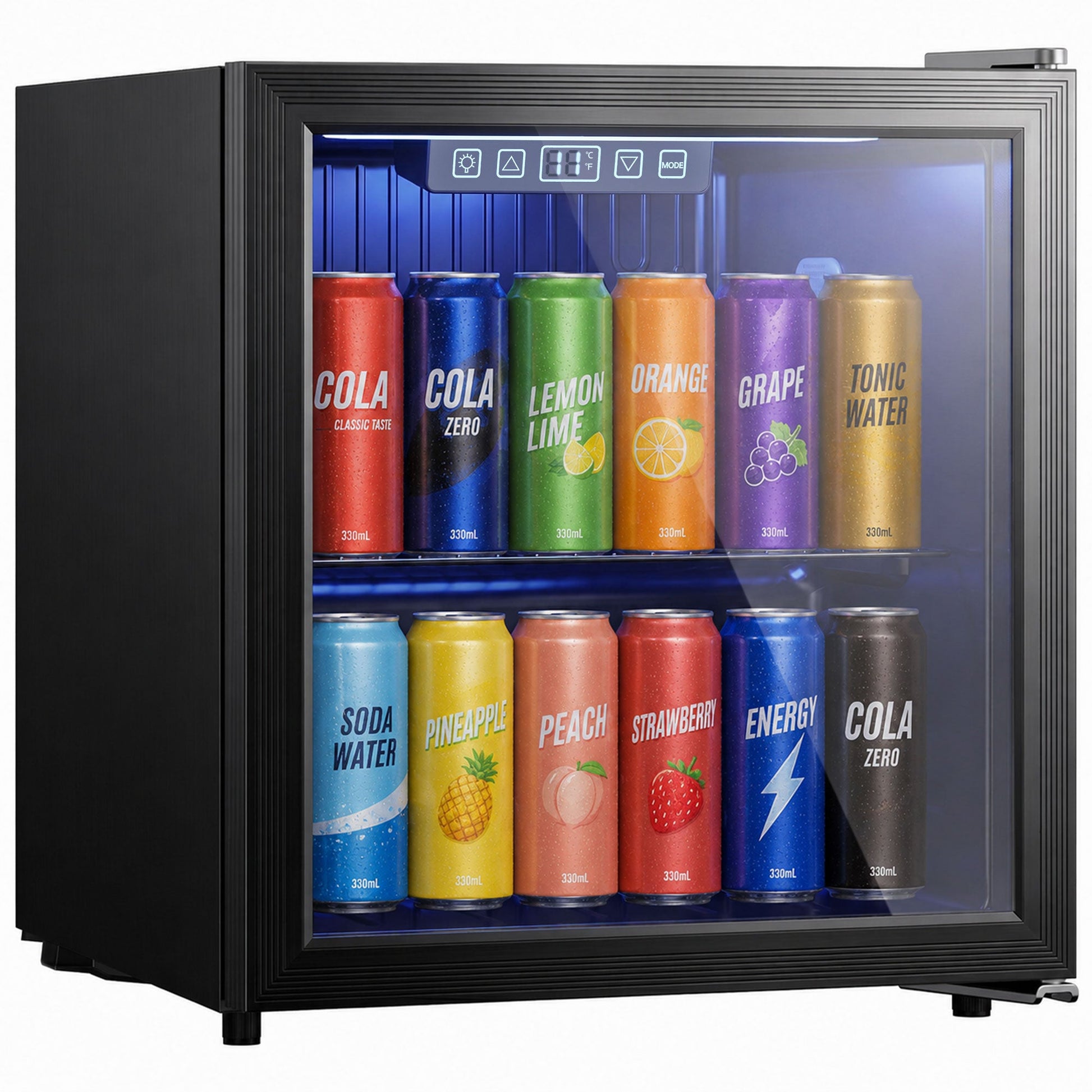 50L Drinks Fridge, 48 Can Under Counter Freestanding Beer Fridge with Double-Layer Glass Door, Wine Cooler with LED Light, Adjustable Shelf, Beverage Cooler for Soda Beer, Home Office