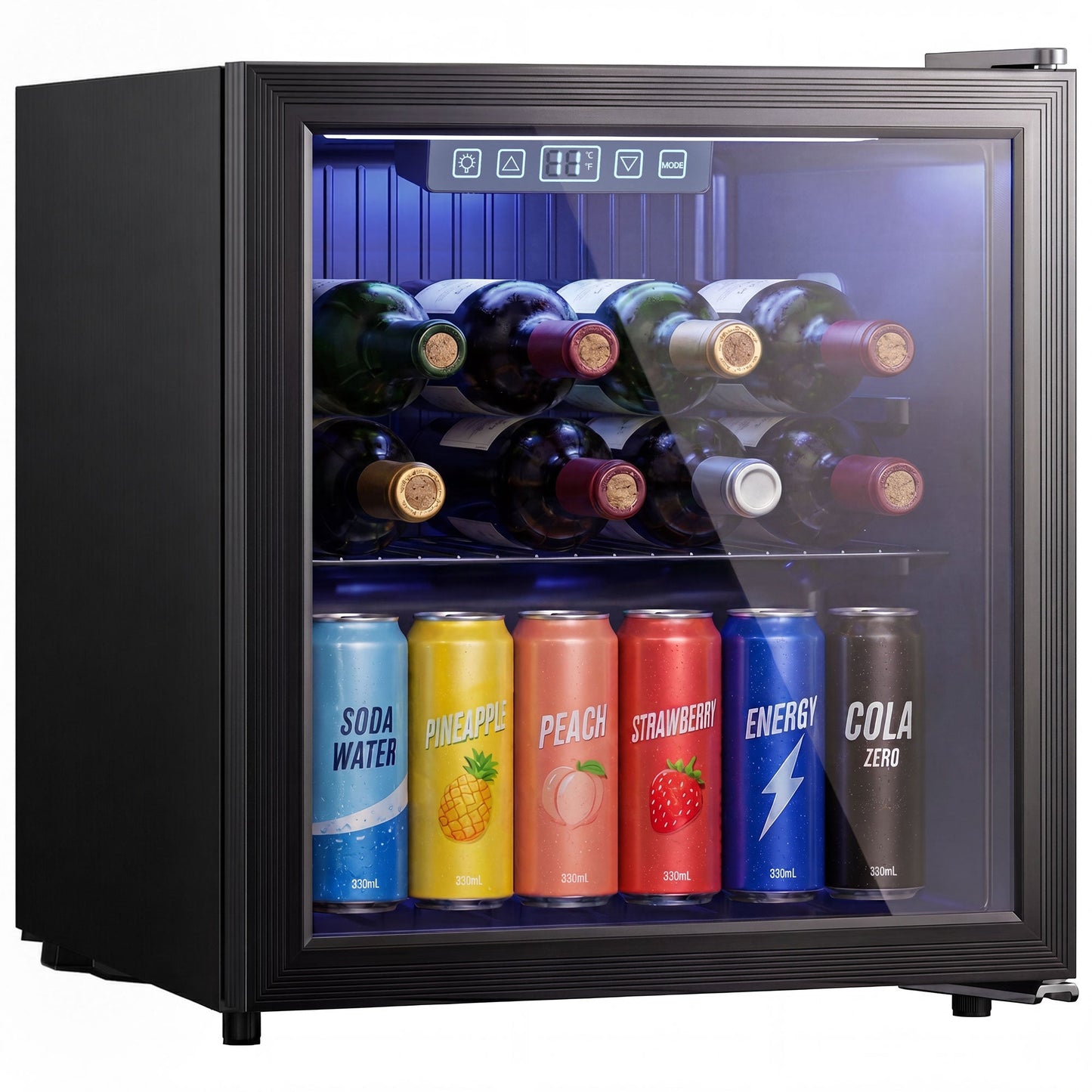 50L Drinks Fridge, 48 Can Under Counter Freestanding Beer Fridge with Double-Layer Glass Door, Wine Cooler with LED Light, Adjustable Shelf, Beverage Cooler for Soda Beer, Home Office