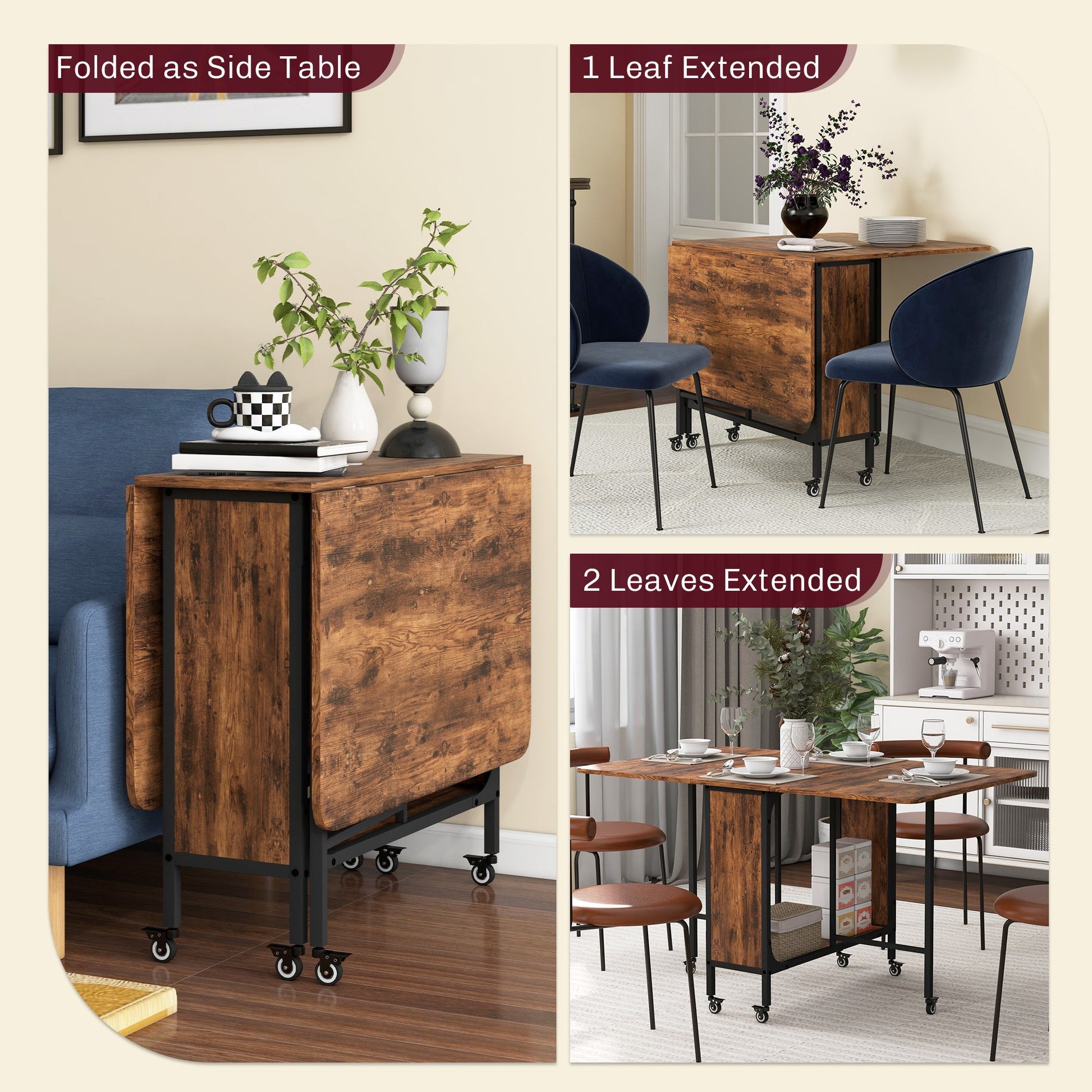 Mobile Drop Leaf Table, Folding Dining Table with 6 Wheels & Storage Shelf for Small Spaces, Kitchen, Dining Room, Rustic Brown