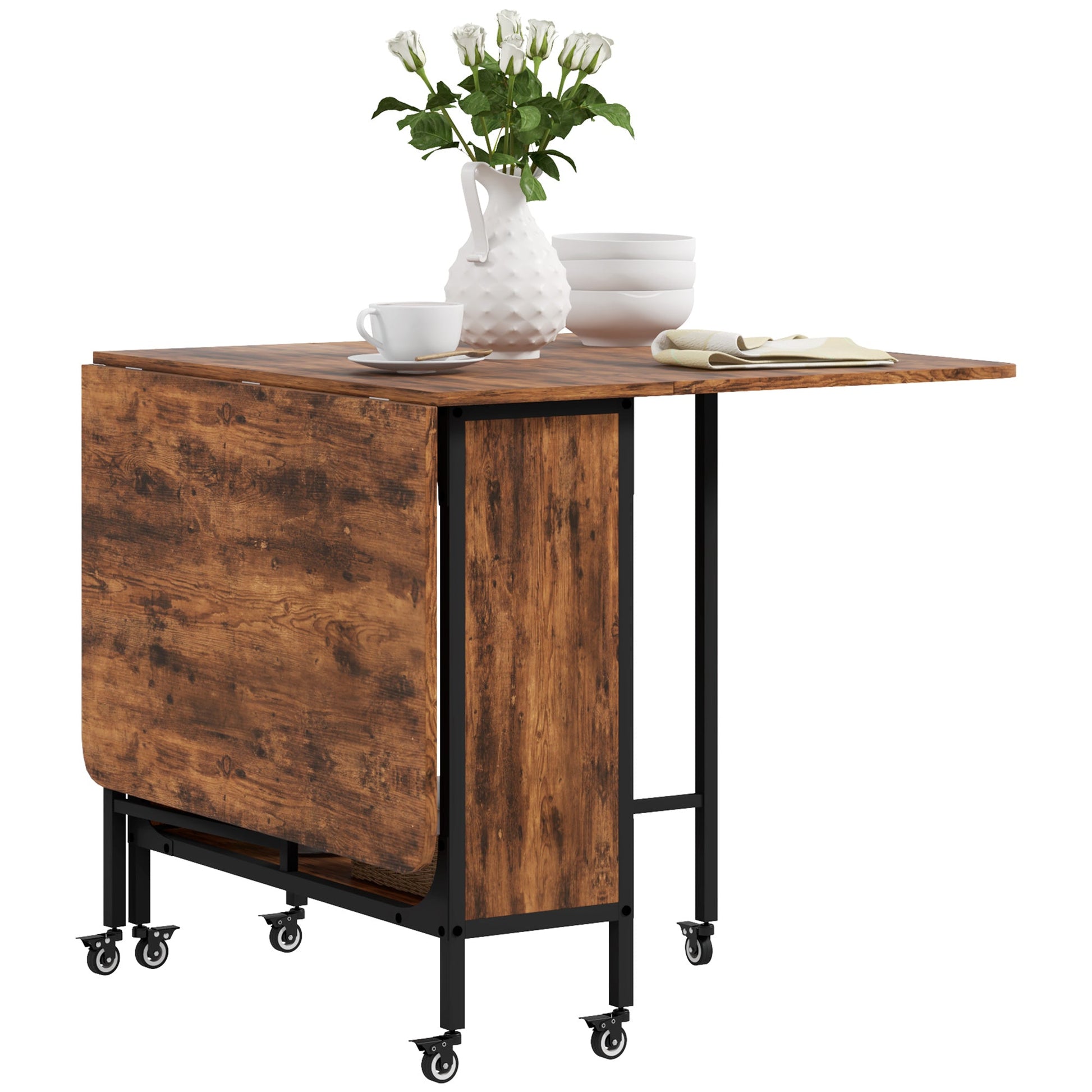 Mobile Drop Leaf Table, Folding Dining Table with 6 Wheels & Storage Shelf for Small Spaces, Kitchen, Dining Room, Rustic Brown