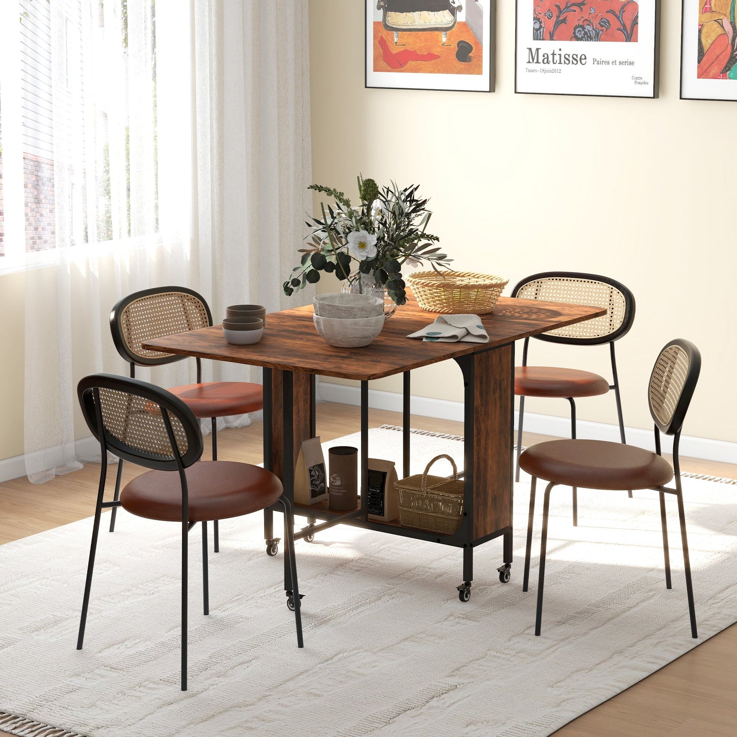 Mobile Drop Leaf Table, Folding Dining Table with 6 Wheels & Storage Shelf for Small Spaces, Kitchen, Dining Room, Rustic Brown