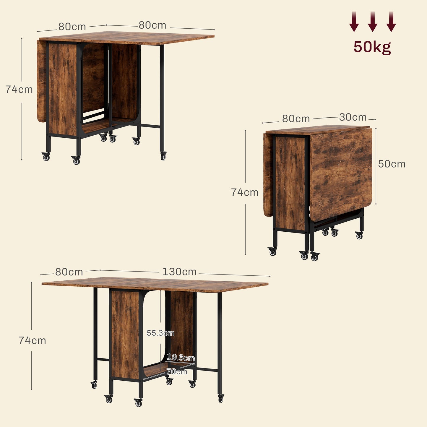 Mobile Drop Leaf Table, Folding Dining Table with 6 Wheels & Storage Shelf for Small Spaces, Kitchen, Dining Room, Rustic Brown