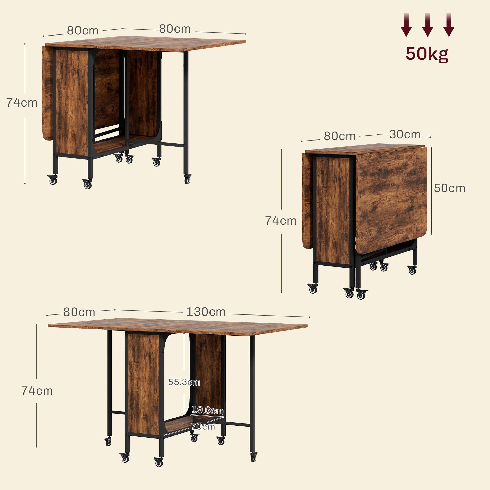 Mobile Drop Leaf Table, Folding Dining Table with 6 Wheels & Storage Shelf for Small Spaces, Kitchen, Dining Room, Rustic Brown