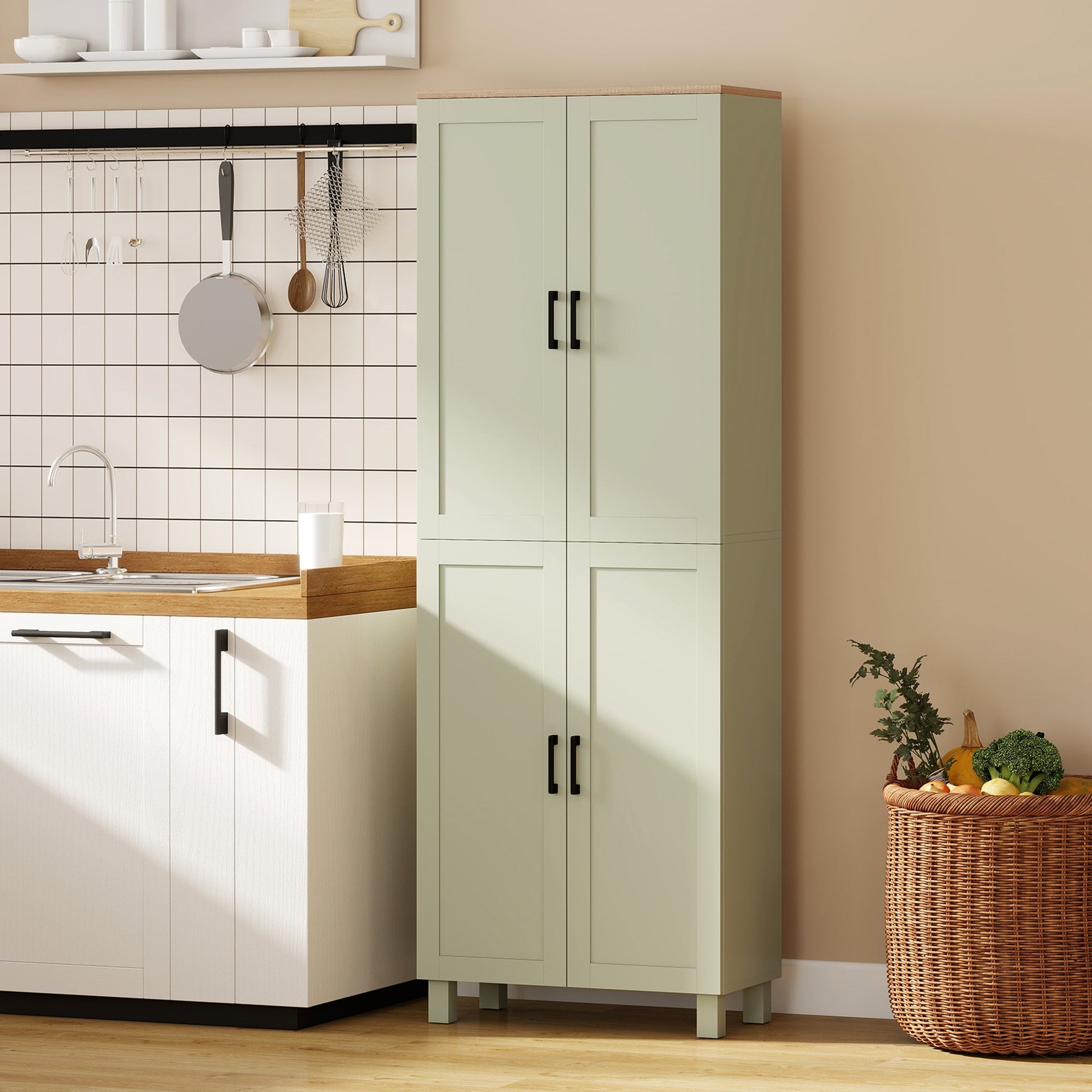Freestanding Kitchen Cupboard, 4-Door Storage Cabinet with Adjustable Shelves, Modern Kitchen Pantry for Dining Room, 170cm, Green