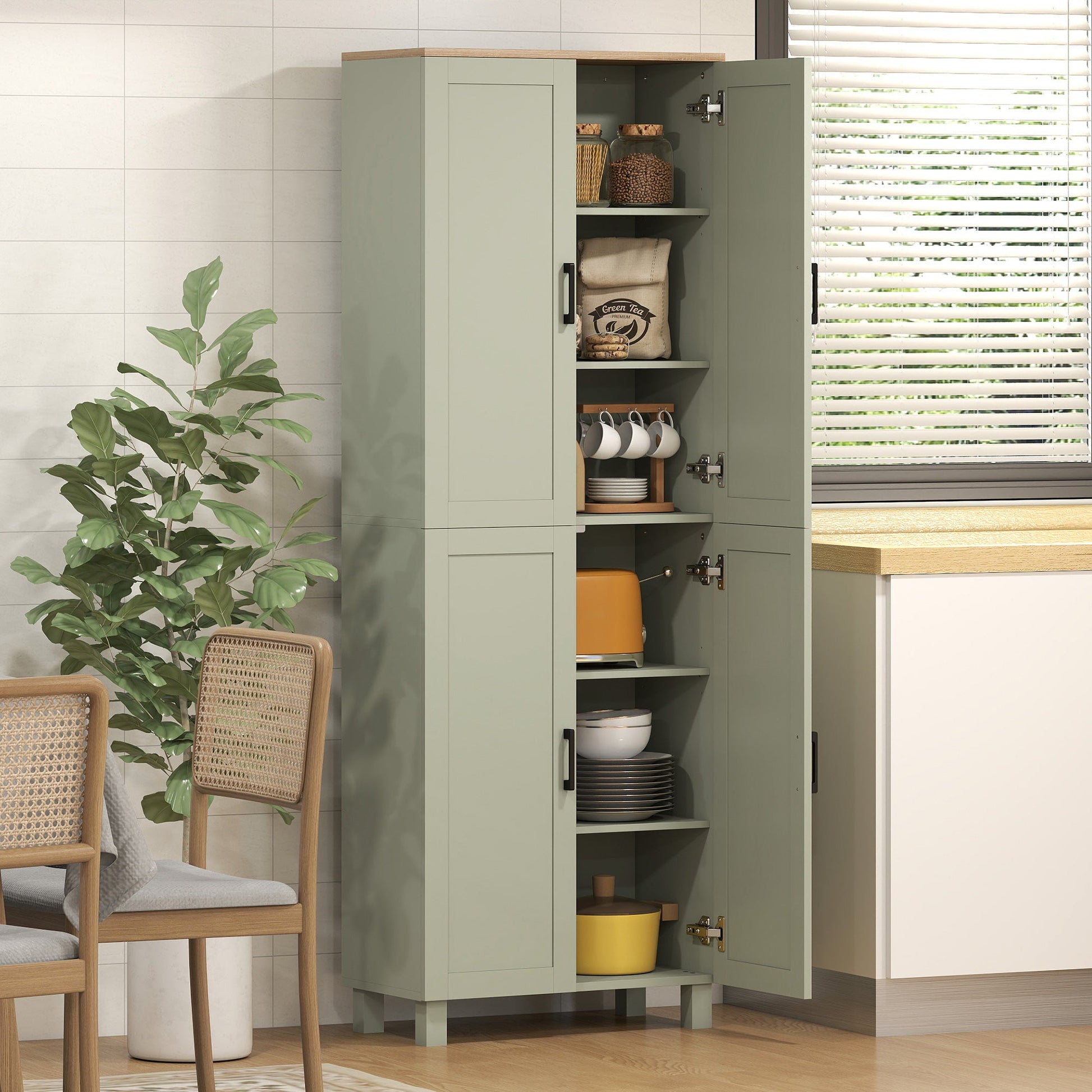 Freestanding Kitchen Cupboard, 4-Door Storage Cabinet with Adjustable Shelves, Modern Kitchen Pantry for Dining Room, 170cm, Green