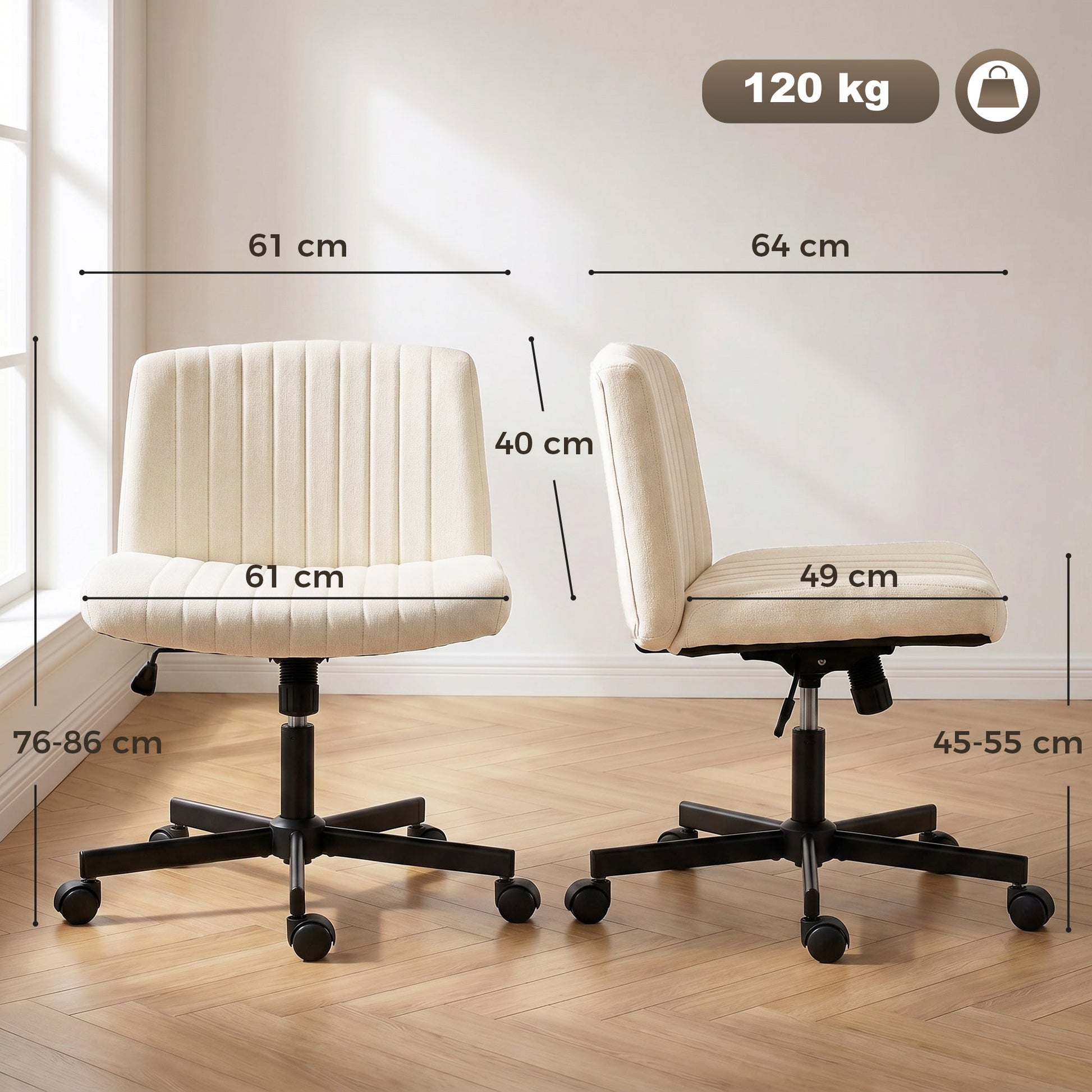 Armless Office Chair with Wheels, Imitation Linen Criss Cross Legged Desk Chair with Wide Seat, Thick Padding, Rock Function, Height Adjustable Swivel Computer Seat for Home, Cream
