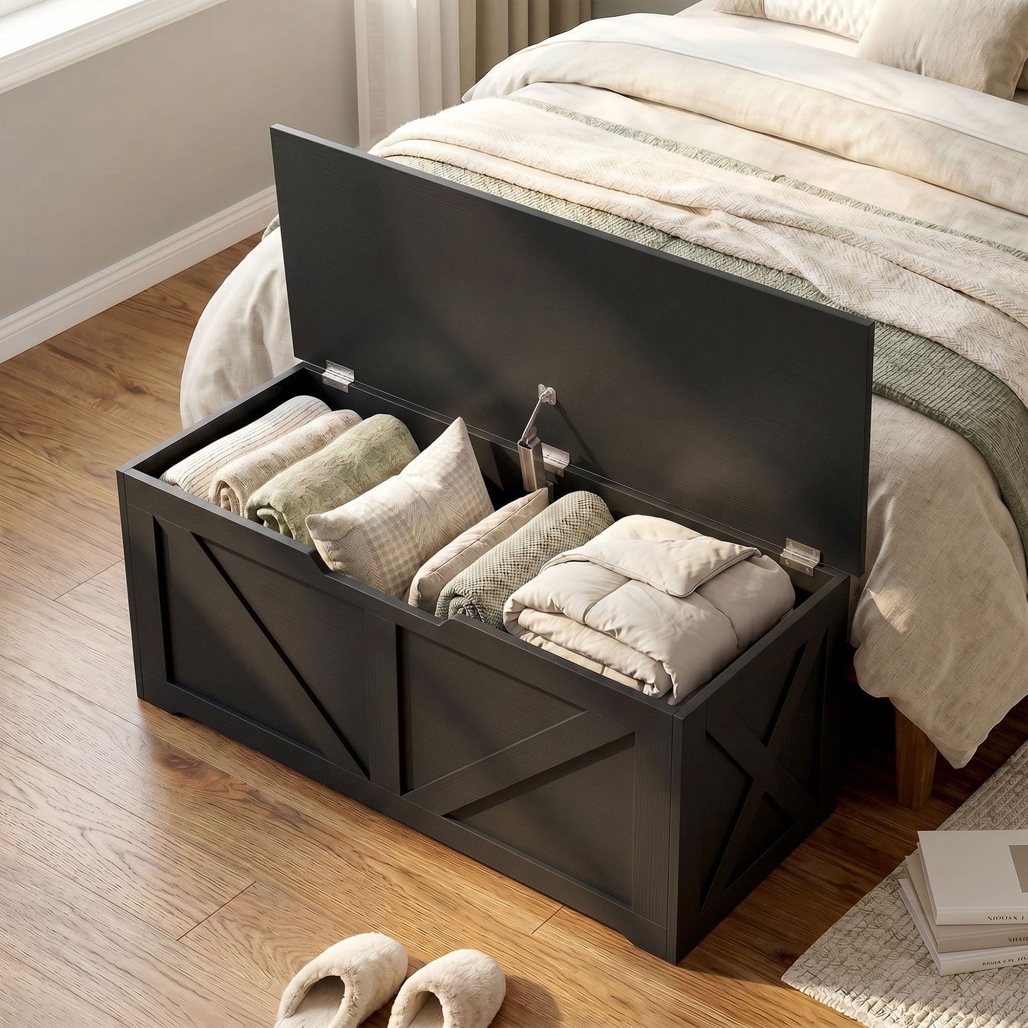 100L Storage Chest, Shoe Storage Trunk Bench Box with Safety Hinge and U-shaped Cut-out Pull, Blanket Box Ottoman for Bedroom, Living Room, Entryway, 80 x 40 x 45 cm, Black Wood-Effect