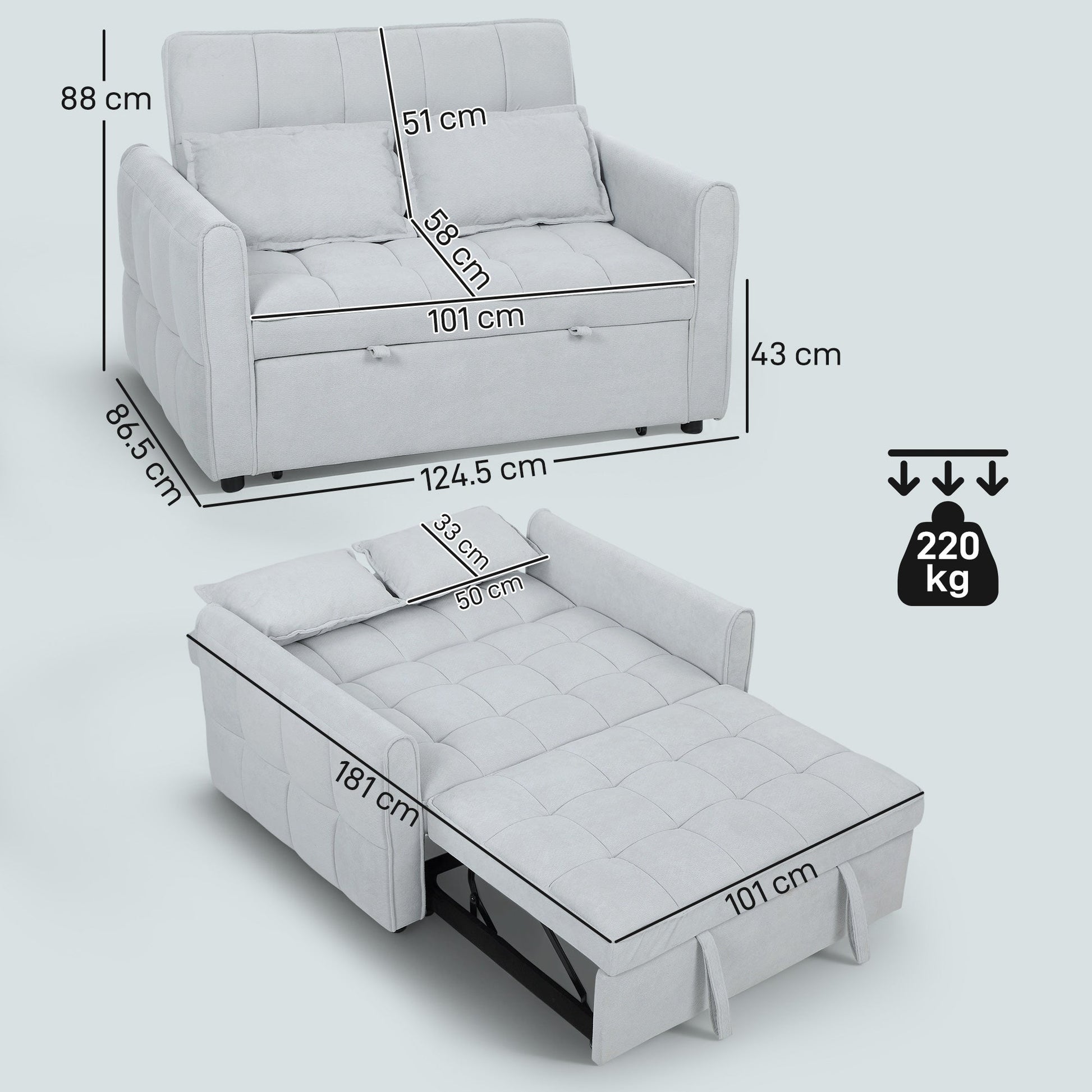2 Seater Sofa Bed, 3-in-1 Convertible Sleeper Sofa with Click-clack Adjustable Backrest and 2 Pillows, Pull Out Corn Velvet-feel Fabric Bed Settee for Living Room, Guest Room, Light Grey