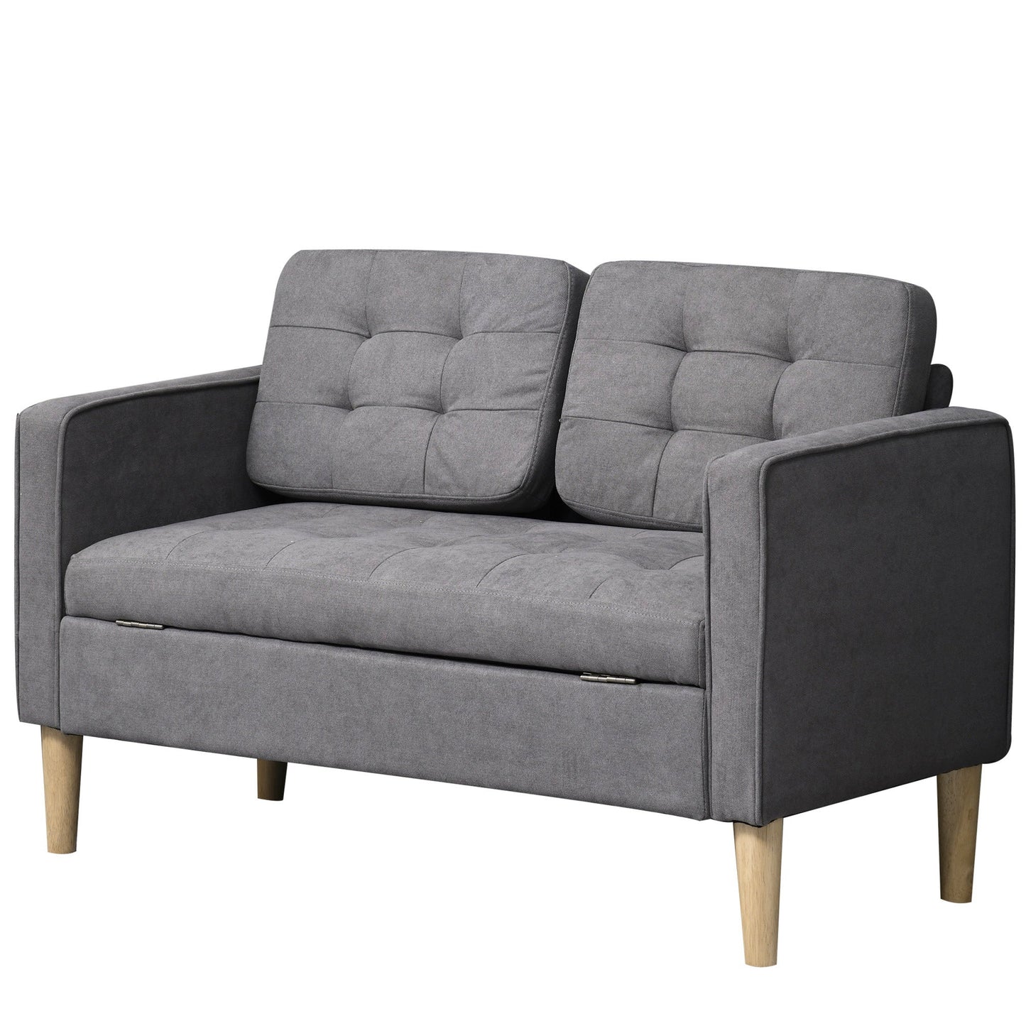 HOMCOM Modern 2 Seater Sofa with Hidden Storage, 117cm Tufted Cotton Couch with Wood Legs, Compact Loveseat for Living Room, Kitchen, Grey