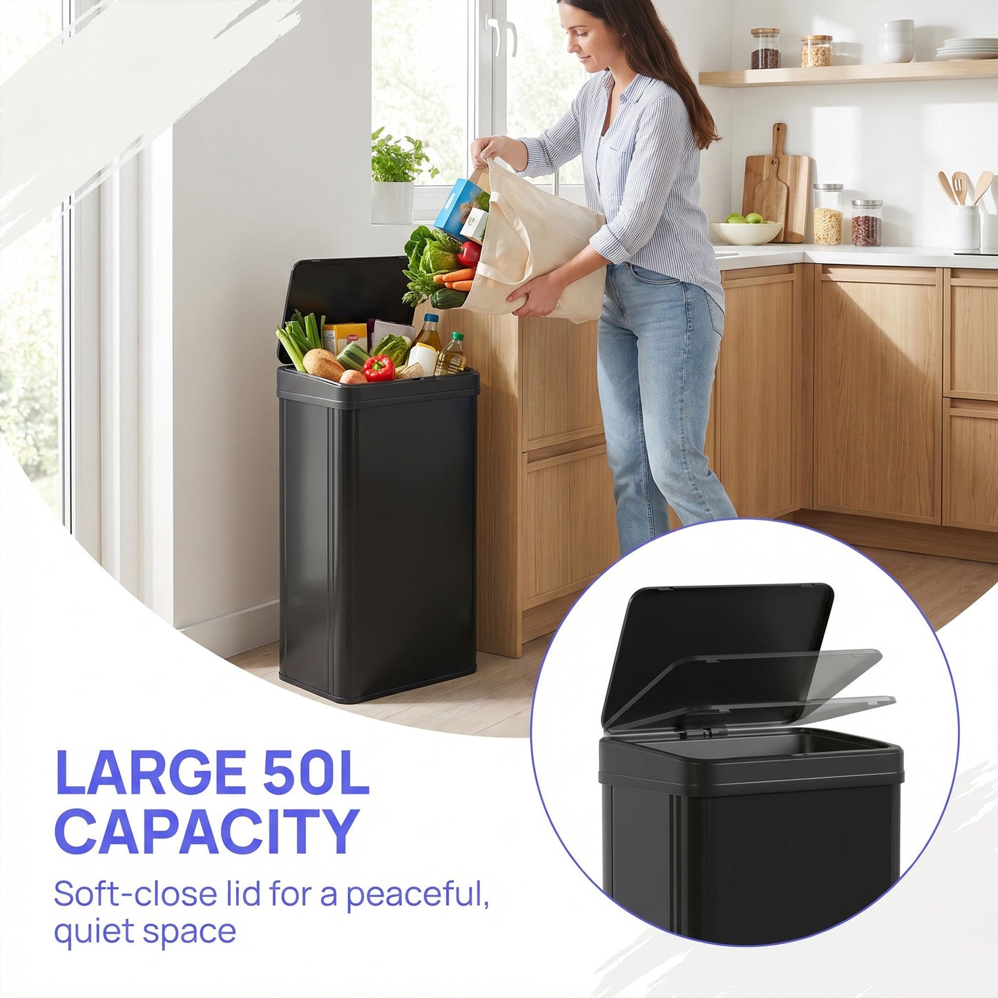 40L Sensor Bin with Quiet Soft-Close Lid, Automatic Touchless Motion Sensor Kitchen Bin with Fingerprint Resistant Stainless Steel for Hygienic Gyms, Home Office Use, Black
