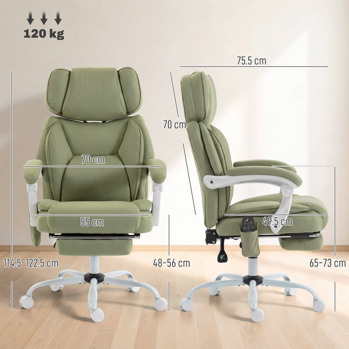 Office Chair with 6-Point Vibration Massage and Heat, Leathaire Upholstered Computer Desk Chair with Adjustable Headrest, Footrest, Linkage Armrests, Reclining, Remote, Lime Green