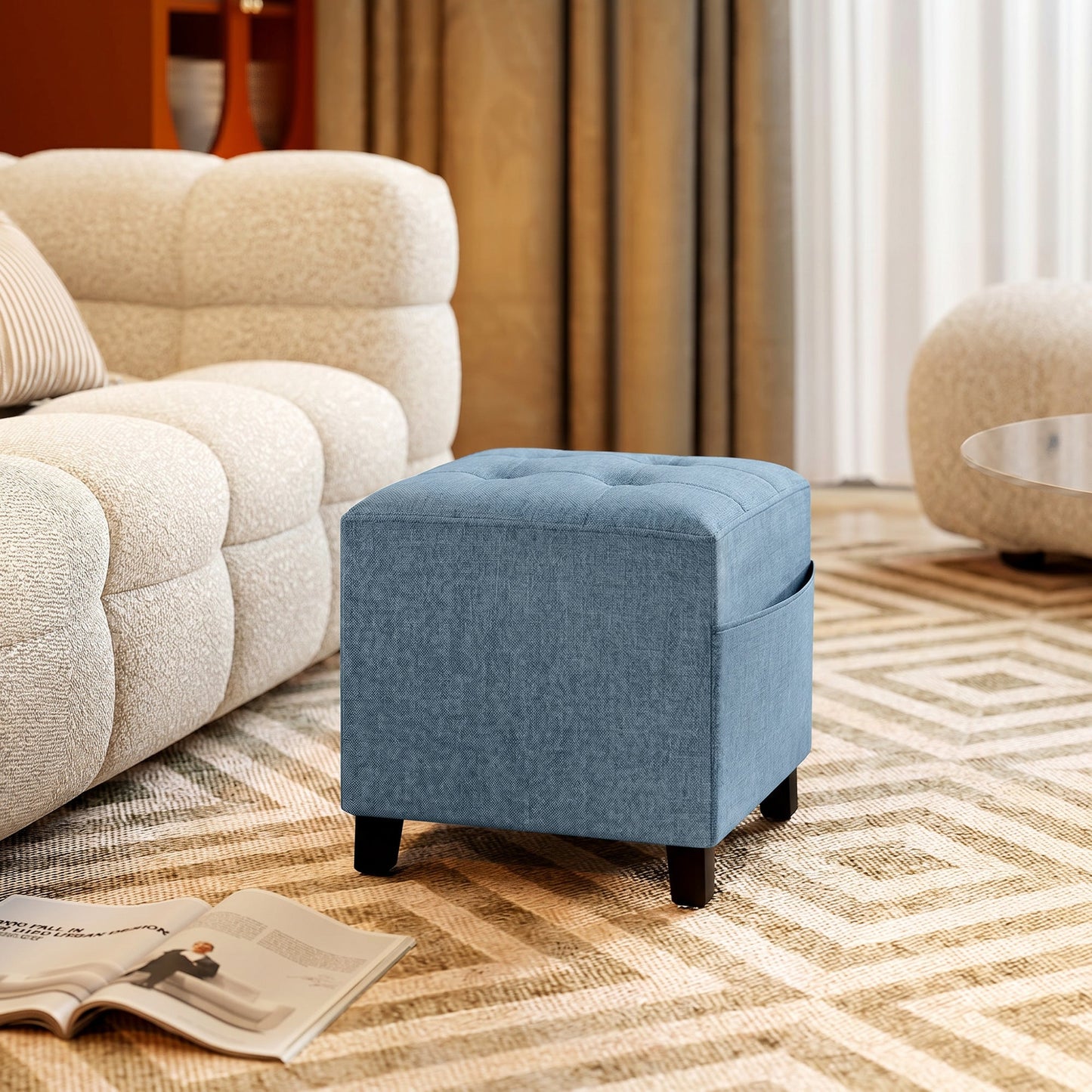 Square Footstool, Small Ottoman with Side Pocket, Linen-look Fabric Footrest Foot Stool with Rubber Wood Legs and Padded Seat for Living Room, Bedroom, Entryway, 35 x 35 x 35cm, Dark Blue