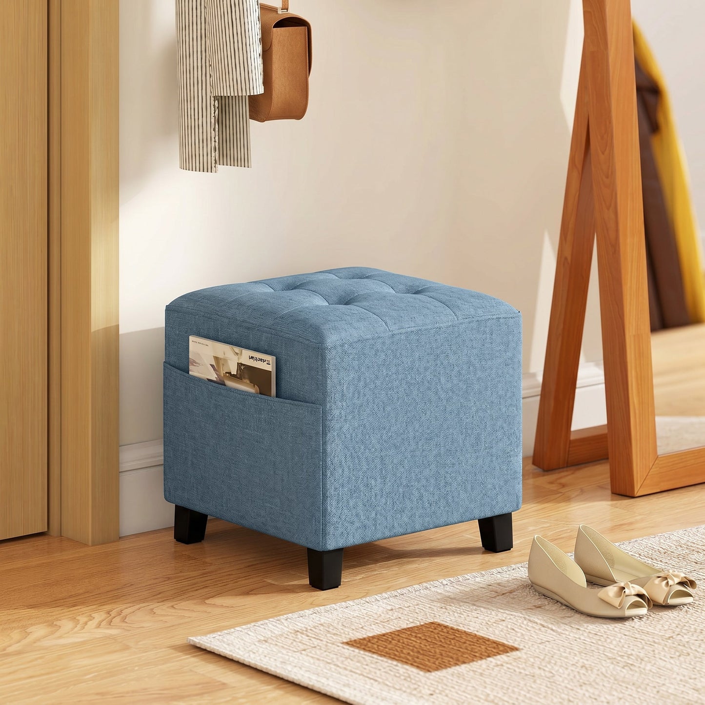 Square Footstool, Small Ottoman with Side Pocket, Linen-look Fabric Footrest Foot Stool with Rubber Wood Legs and Padded Seat for Living Room, Bedroom, Entryway, 35 x 35 x 35cm, Dark Blue