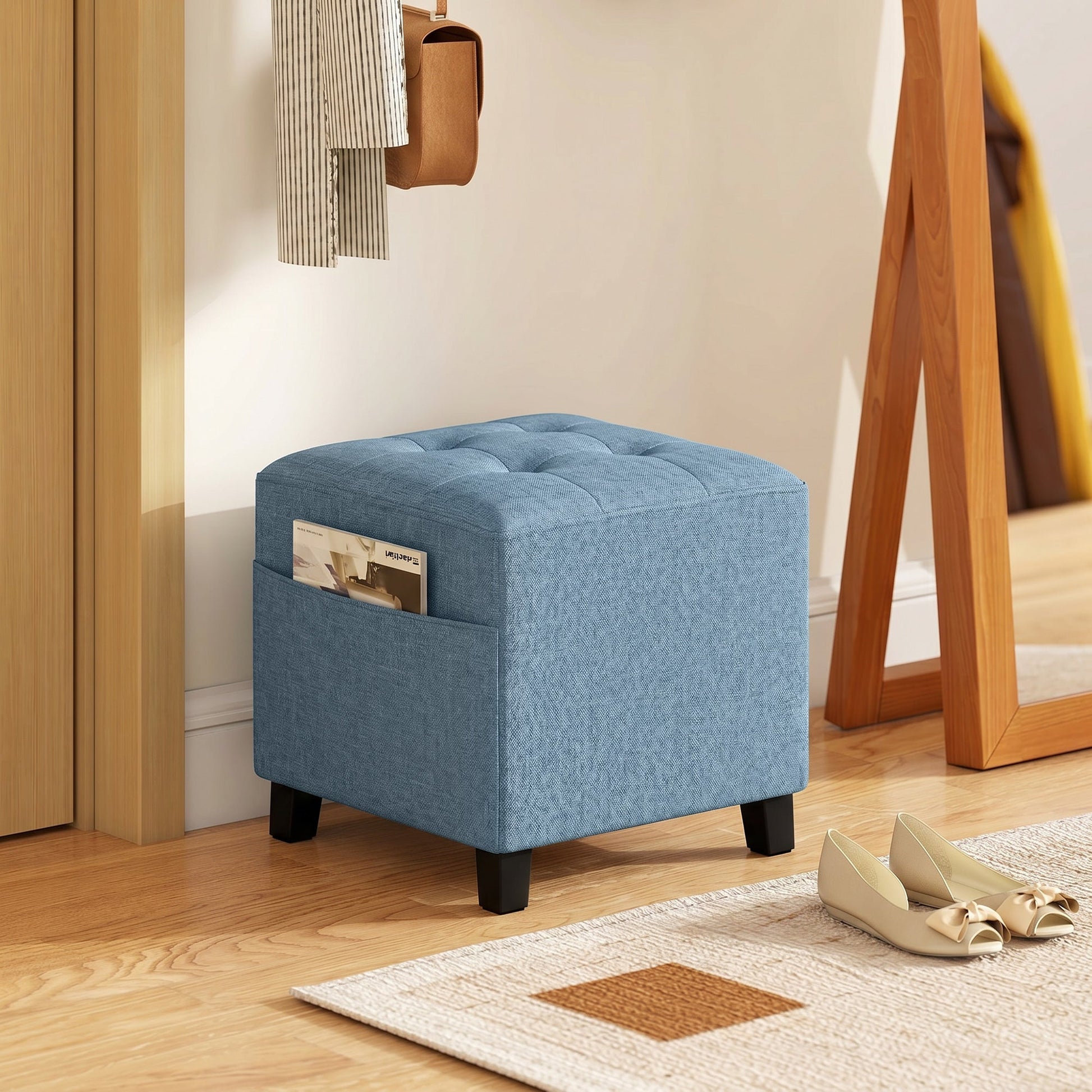 Square Footstool, Small Ottoman with Side Pocket, Linen-look Fabric Footrest Foot Stool with Rubber Wood Legs and Padded Seat for Living Room, Bedroom, Entryway, 35 x 35 x 35cm, Dark Blue