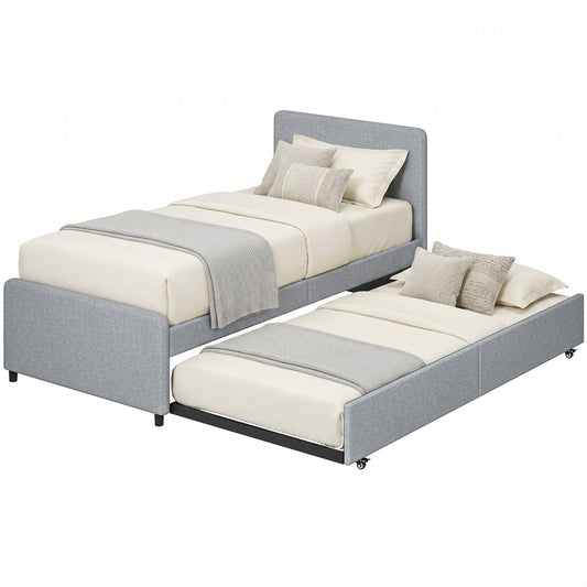 3ft Single Bed Frame with Trundle, Upholstered Pull Out Trundle Bed with Headboard and Footboard for Adults & Teenagers, 90 x 190 cm, No Mattress, Light Grey