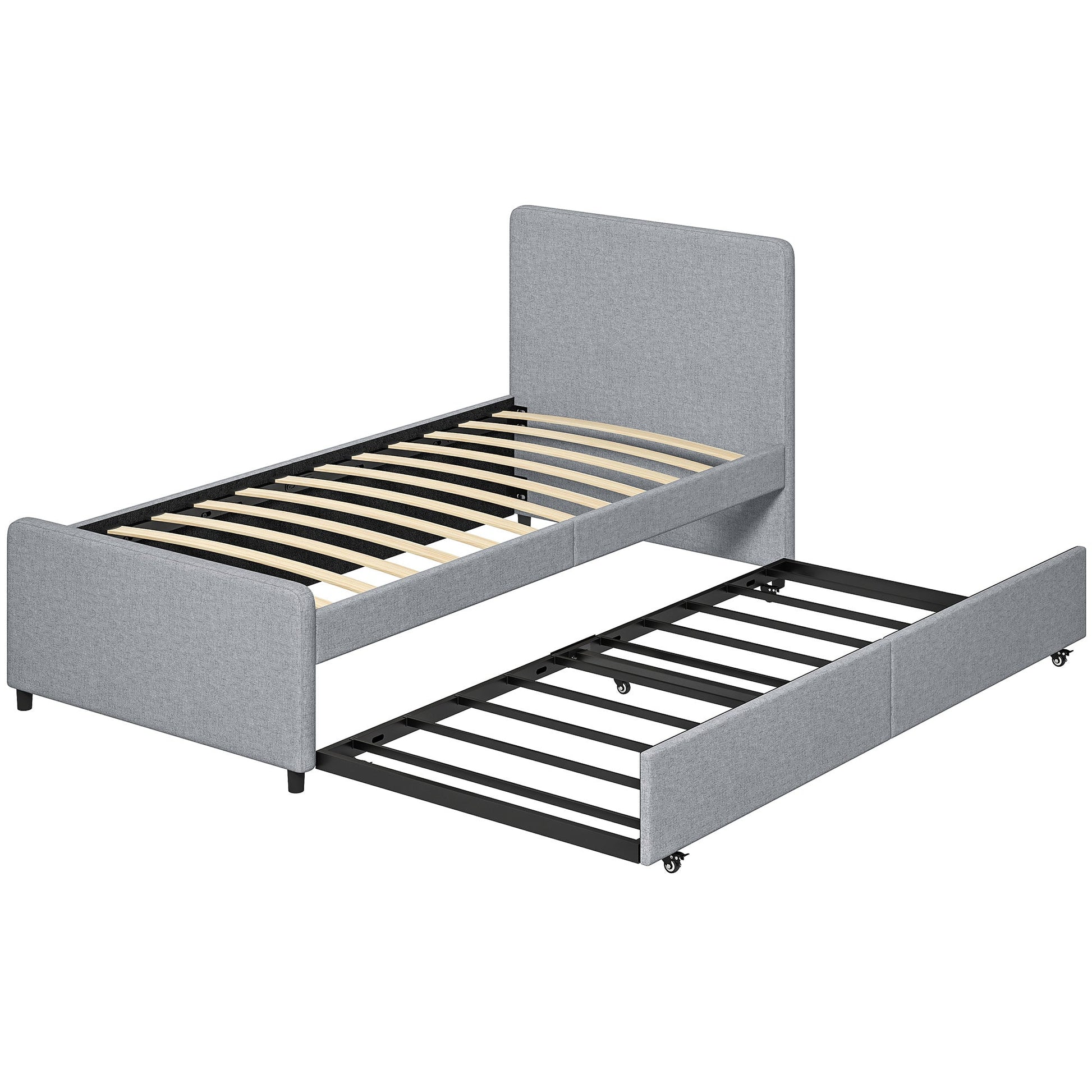 3ft Single Bed Frame with Trundle, Upholstered Pull Out Trundle Bed with Headboard and Footboard for Adults & Teenagers, 90 x 190 cm, No Mattress, Light Grey