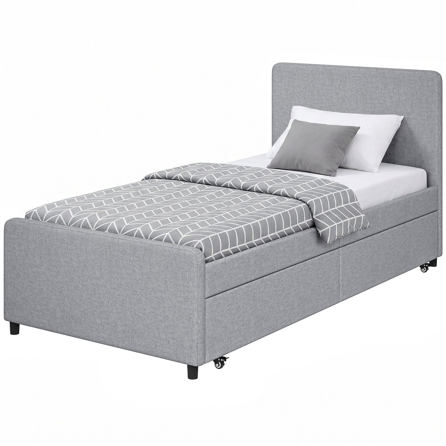 3ft Single Bed Frame with Trundle, Upholstered Pull Out Trundle Bed with Headboard and Footboard for Adults & Teenagers, 90 x 190 cm, No Mattress, Light Grey
