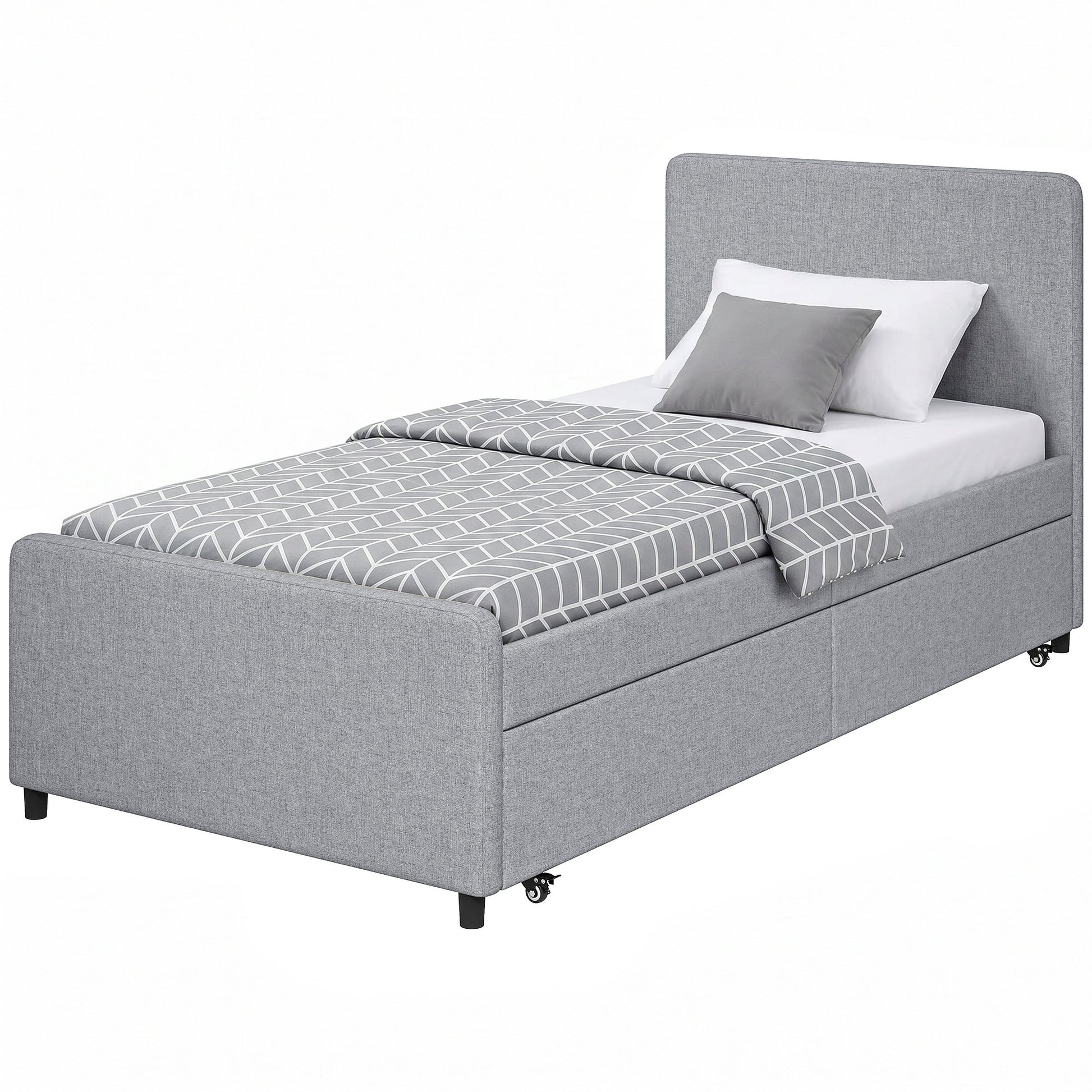 3ft Single Bed Frame with Trundle, Upholstered Pull Out Trundle Bed with Headboard and Footboard for Adults & Teenagers, 90 x 190 cm, No Mattress, Light Grey