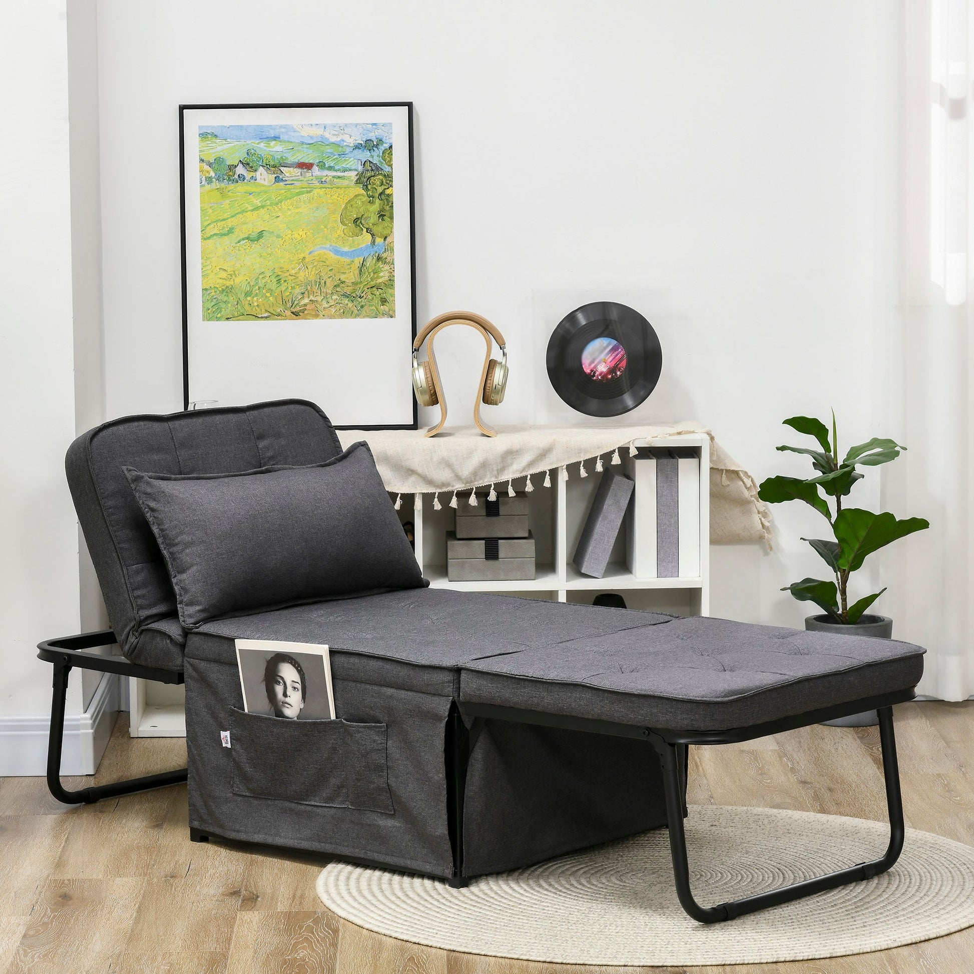 HOMCOM Folding Chair Bed, 4-in-1 Convertible Sleeper Chair with Adjustable Backrest, Pillow, Side Pockets, Armchair for Bedroom, Living Room, Charcoal Grey