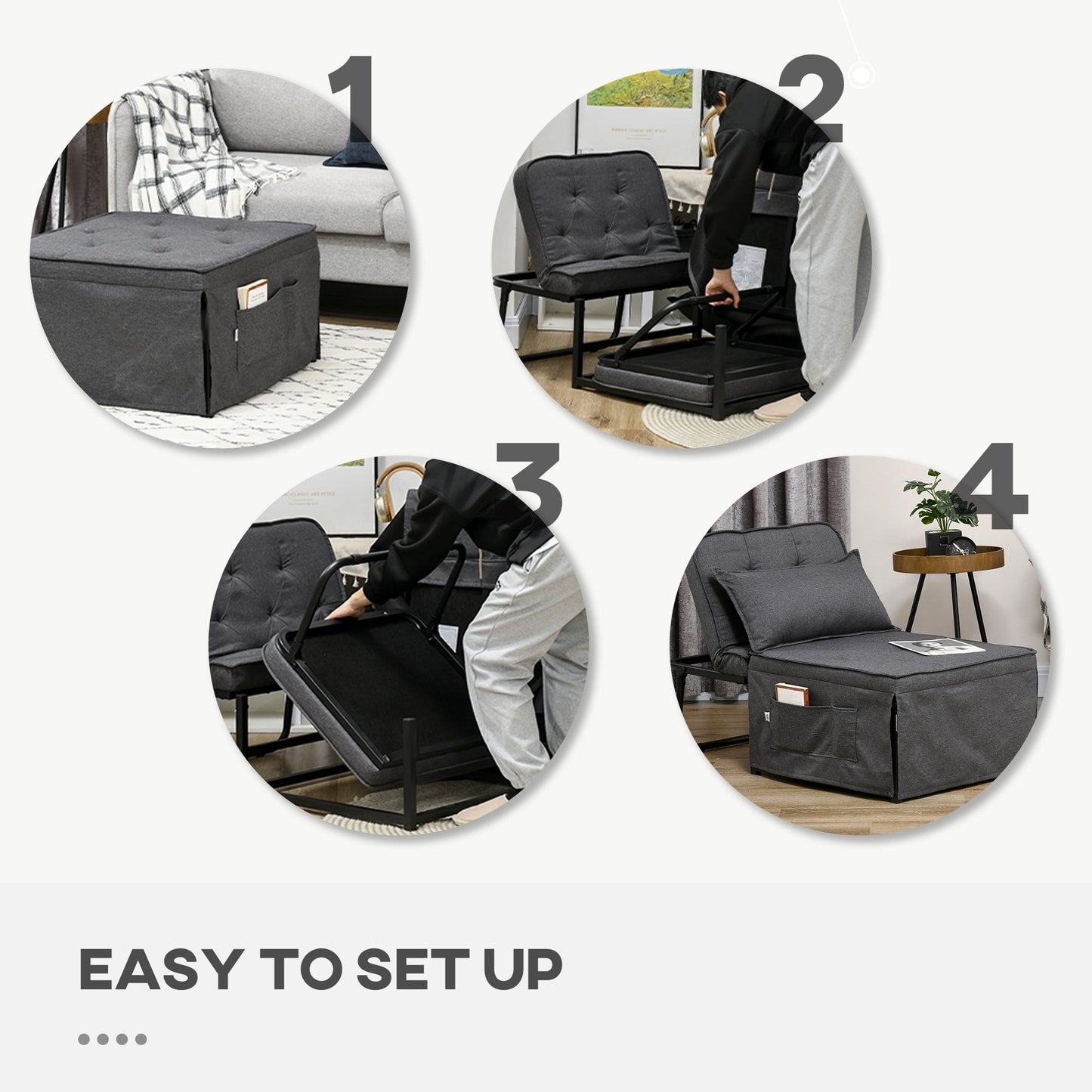 HOMCOM Folding Chair Bed, 4-in-1 Convertible Sleeper Chair with Adjustable Backrest, Pillow, Side Pockets, Armchair for Bedroom, Living Room, Charcoal Grey