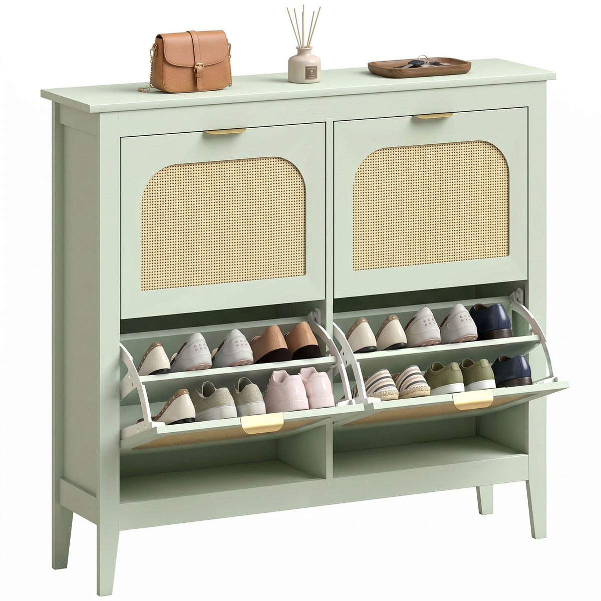 Shoe Storage Cabinet with 4 Flip Drawers, Boho Slim Shoe Cabinet with Rattan Doors for Entryway, Hallway, Holds 20 Pairs, Light Green