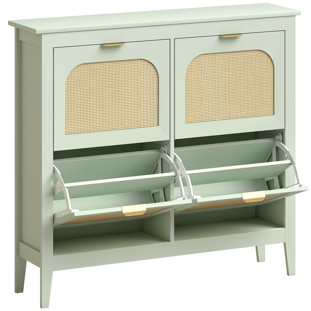 Shoe Storage Cabinet with 4 Flip Drawers, Boho Slim Shoe Cabinet with Rattan Doors for Entryway, Hallway, Holds 20 Pairs, Light Green