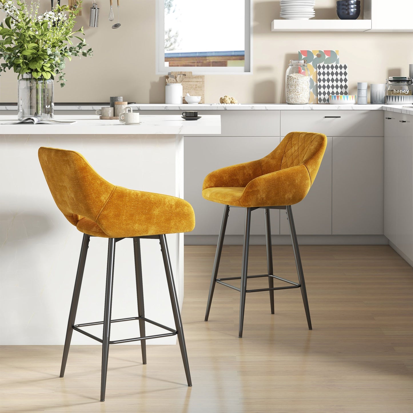 HOMCOM Bar Stools Set of 2, Velvet-Touch Fabric Counter Height Bar Chairs, Kitchen Stools with Steel Legs for Dining Area, Kitchen Island Barstools, Brown