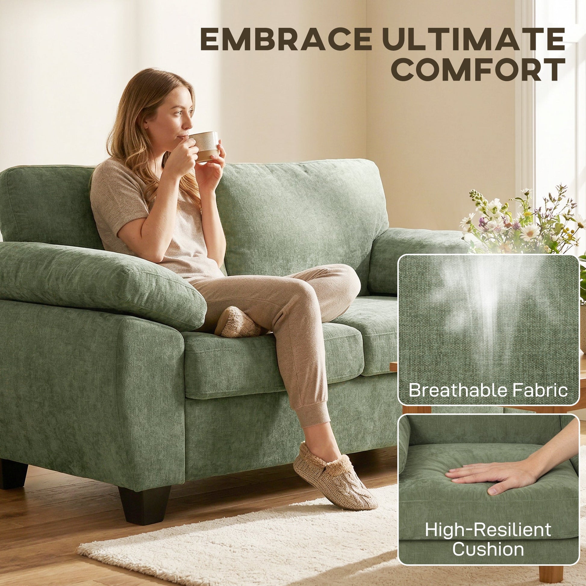 2 Seater Sofa, 156cm Chenille Loveseat Sofa with Thick Spring Cushions, Wide Padded Armrests, Couch Settee for Small Space, Living Room, Bedroom, Home Office, 300KG Capacity, Dark Green