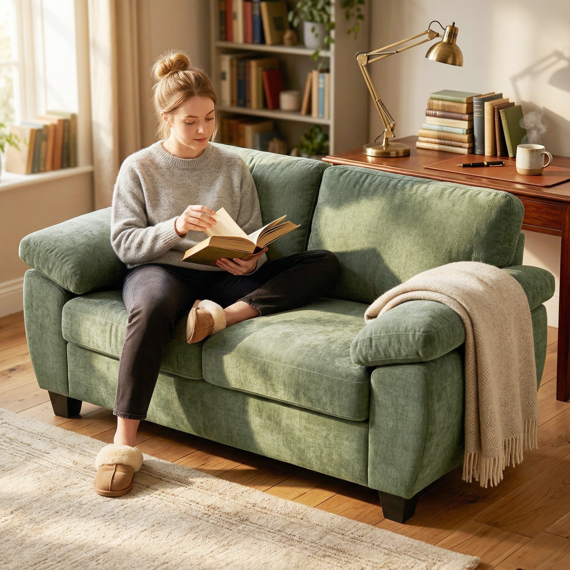 2 Seater Sofa, 156cm Chenille Loveseat Sofa with Thick Spring Cushions, Wide Padded Armrests, Couch Settee for Small Space, Living Room, Bedroom, Home Office, 300KG Capacity, Dark Green
