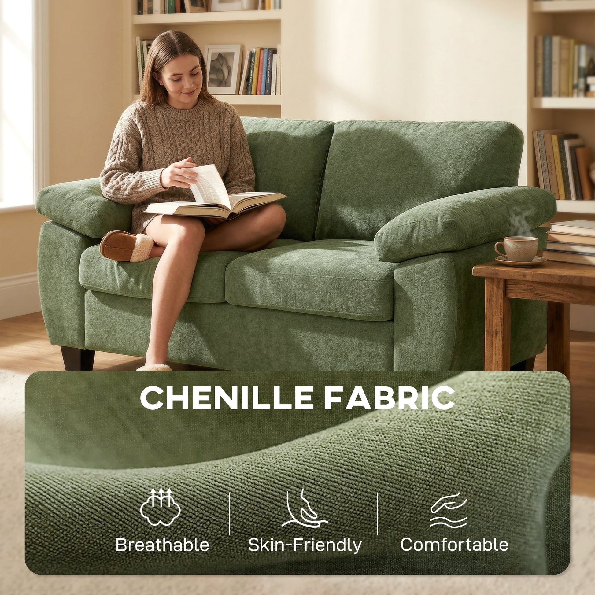 2 Seater Sofa, 156cm Chenille Loveseat Sofa with Thick Spring Cushions, Wide Padded Armrests, Couch Settee for Small Space, Living Room, Bedroom, Home Office, 300KG Capacity, Dark Green