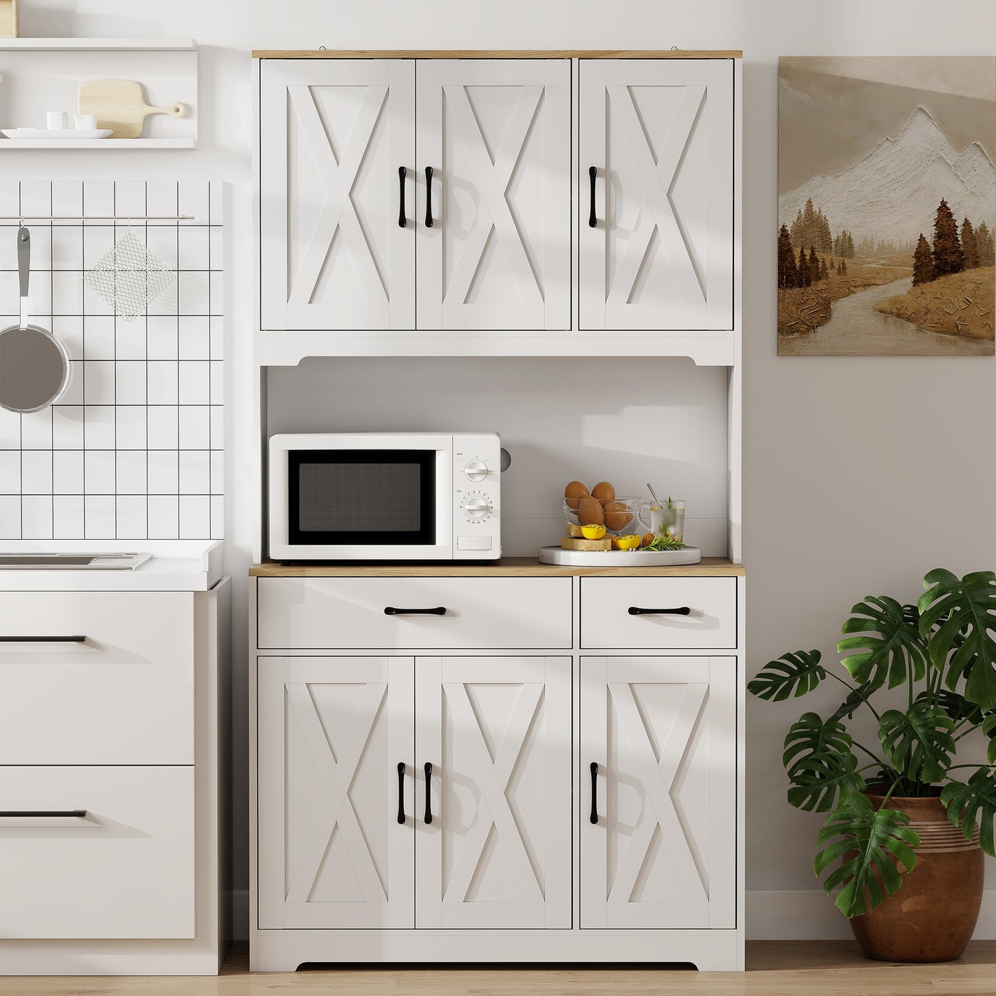 175 cm Tall Kitchen Pantry Cabinet with Microwave Stand, Farmhouse Kitchen Hutch, Freestanding Pantry Cupboard with 2 Drawers, 2 Adjustable Shelves and Cable Management, White