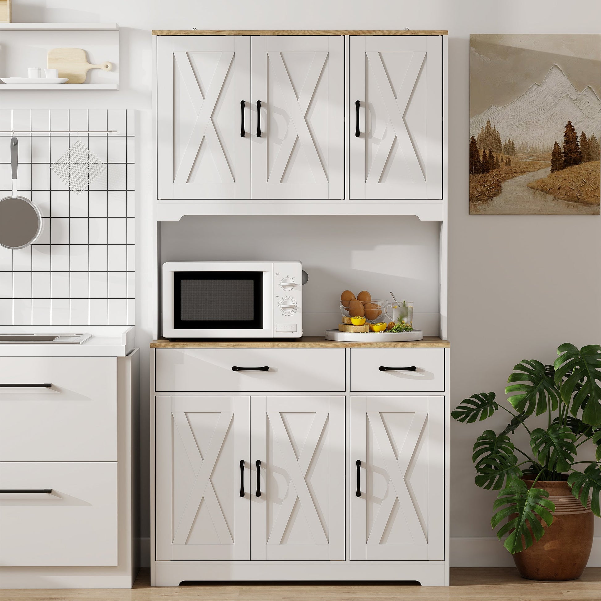 175 cm Tall Kitchen Pantry Cabinet with Microwave Stand, Farmhouse Kitchen Hutch, Freestanding Pantry Cupboard with 2 Drawers, 2 Adjustable Shelves and Cable Management, White