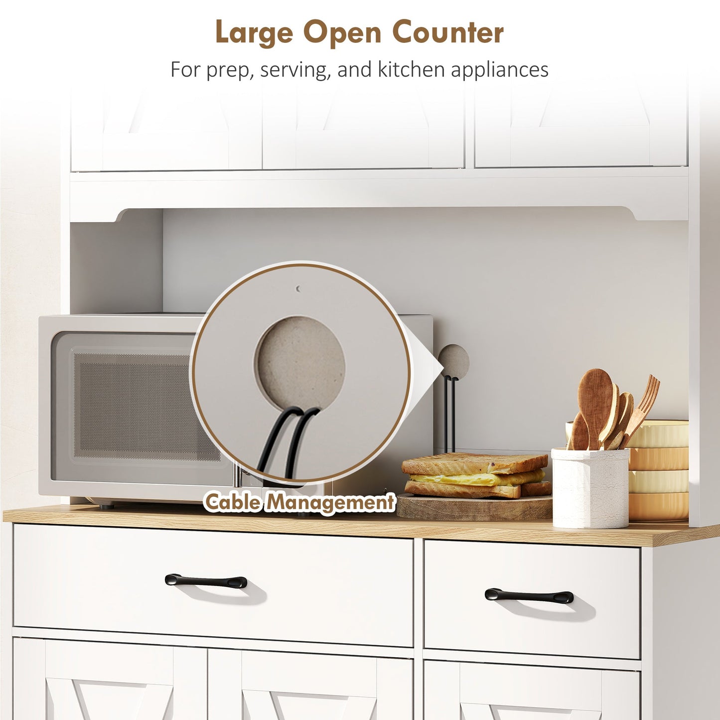 175 cm Tall Kitchen Pantry Cabinet with Microwave Stand, Farmhouse Kitchen Hutch, Freestanding Pantry Cupboard with 2 Drawers, 2 Adjustable Shelves and Cable Management, White