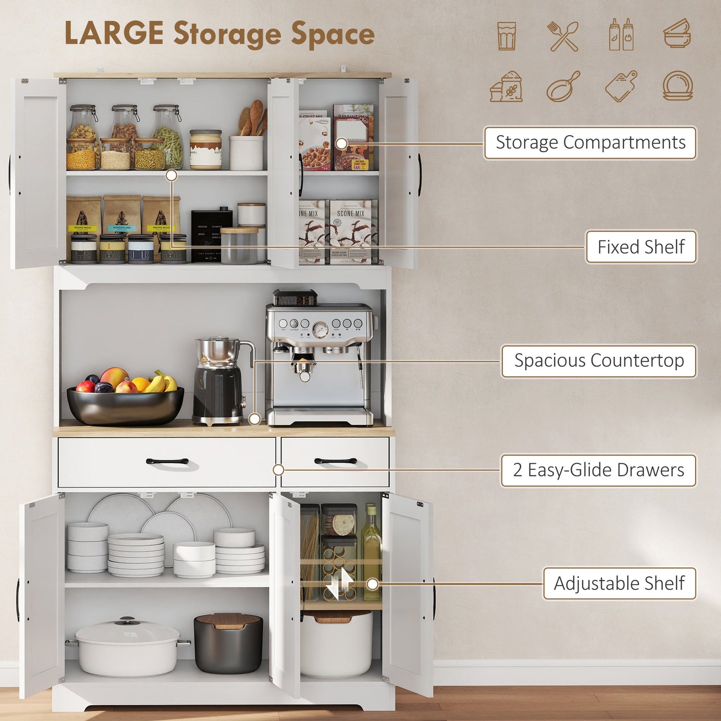 175 cm Tall Kitchen Pantry Cabinet with Microwave Stand, Farmhouse Kitchen Hutch, Freestanding Pantry Cupboard with 2 Drawers, 2 Adjustable Shelves and Cable Management, White
