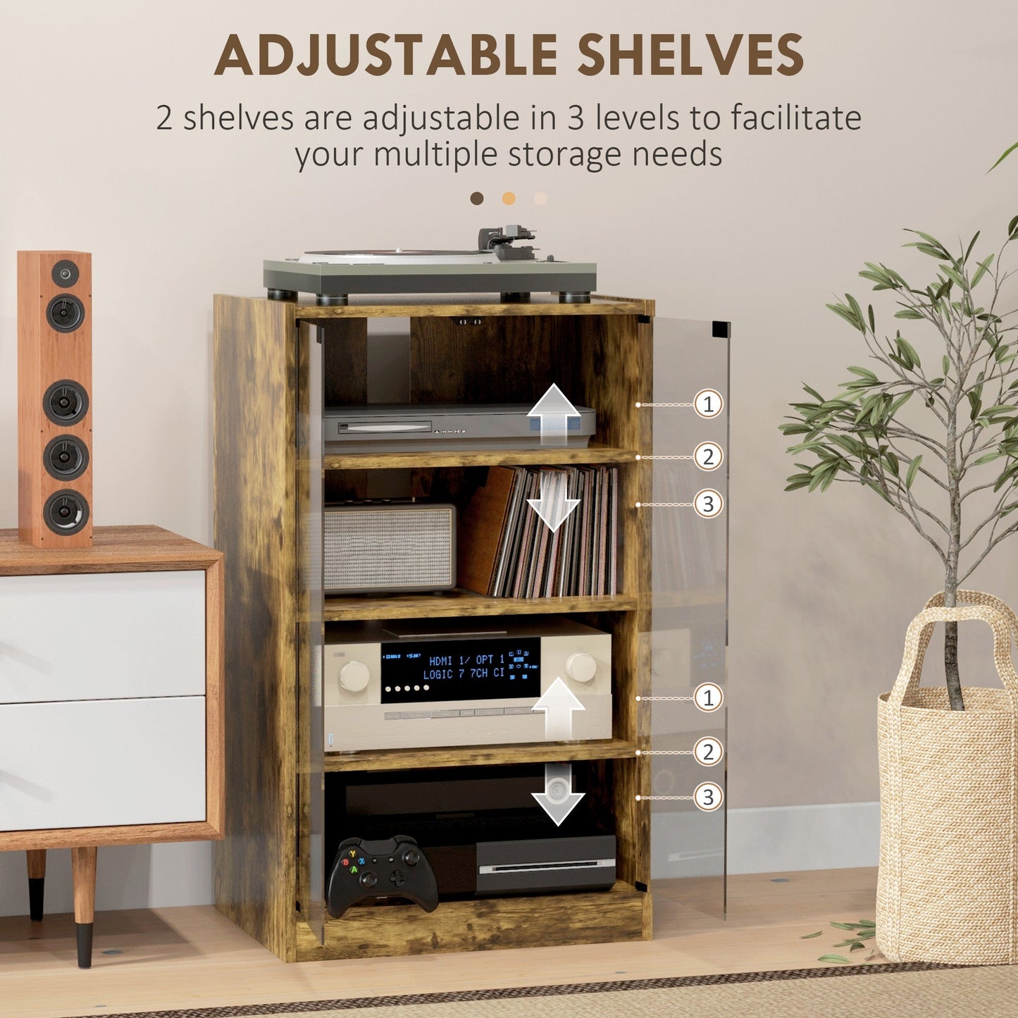 Record Player Stand with Storage, 4-Tier Hi-Fi Stand, Media Cabinet with Adjustable Shelves, Push-to-Open Glass Doors and Cable Management for Music Room and Living Room, Rustic Brown