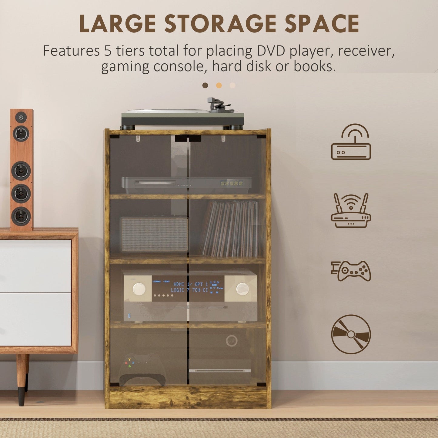 Record Player Stand with Storage, 4-Tier Hi-Fi Stand, Media Cabinet with Adjustable Shelves, Push-to-Open Glass Doors and Cable Management for Music Room and Living Room, Rustic Brown