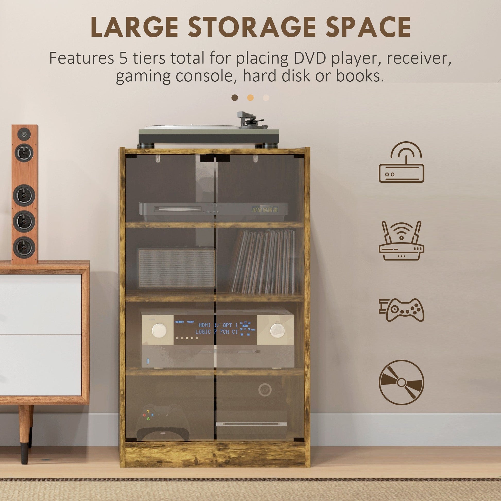 Record Player Stand with Storage, 4-Tier Hi-Fi Stand, Media Cabinet with Adjustable Shelves, Push-to-Open Glass Doors and Cable Management for Music Room and Living Room, Rustic Brown
