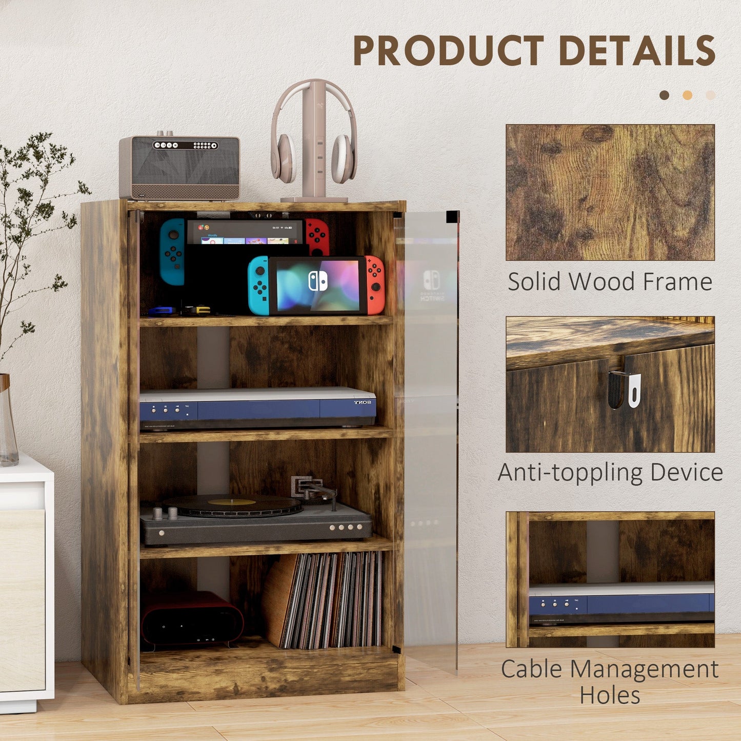 Record Player Stand with Storage, 4-Tier Hi-Fi Stand, Media Cabinet with Adjustable Shelves, Push-to-Open Glass Doors and Cable Management for Music Room and Living Room, Rustic Brown
