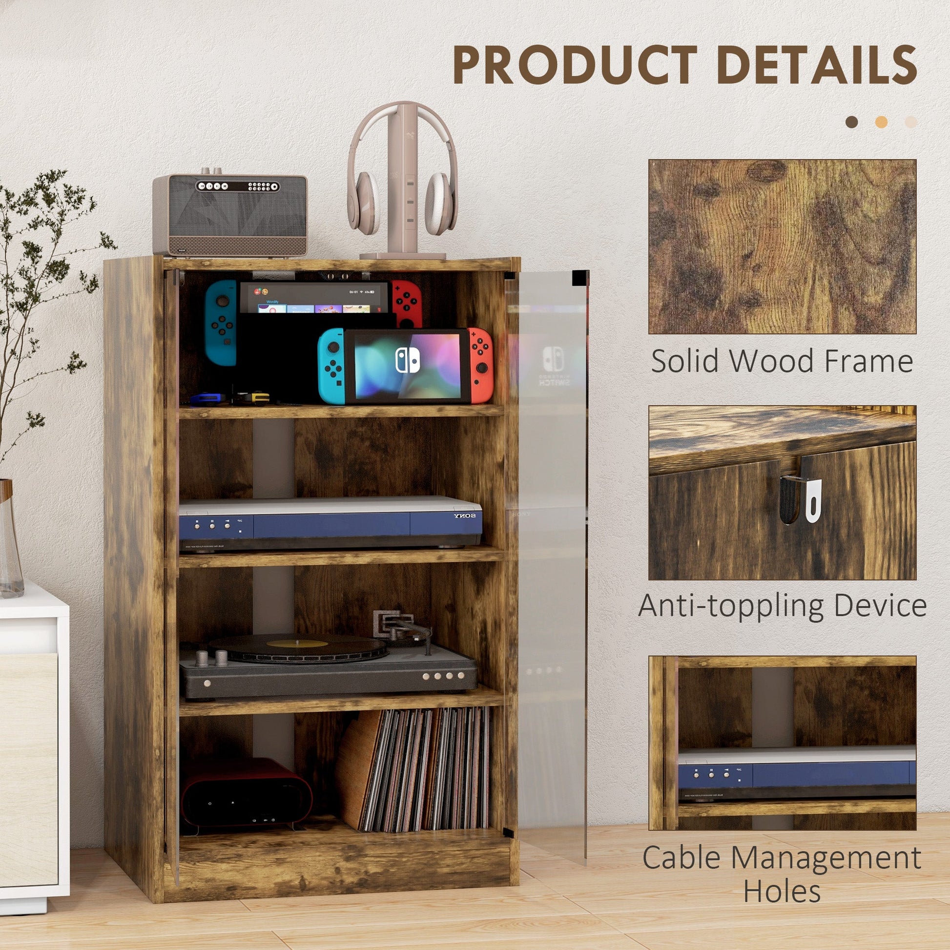 Record Player Stand with Storage, 4-Tier Hi-Fi Stand, Media Cabinet with Adjustable Shelves, Push-to-Open Glass Doors and Cable Management for Music Room and Living Room, Rustic Brown