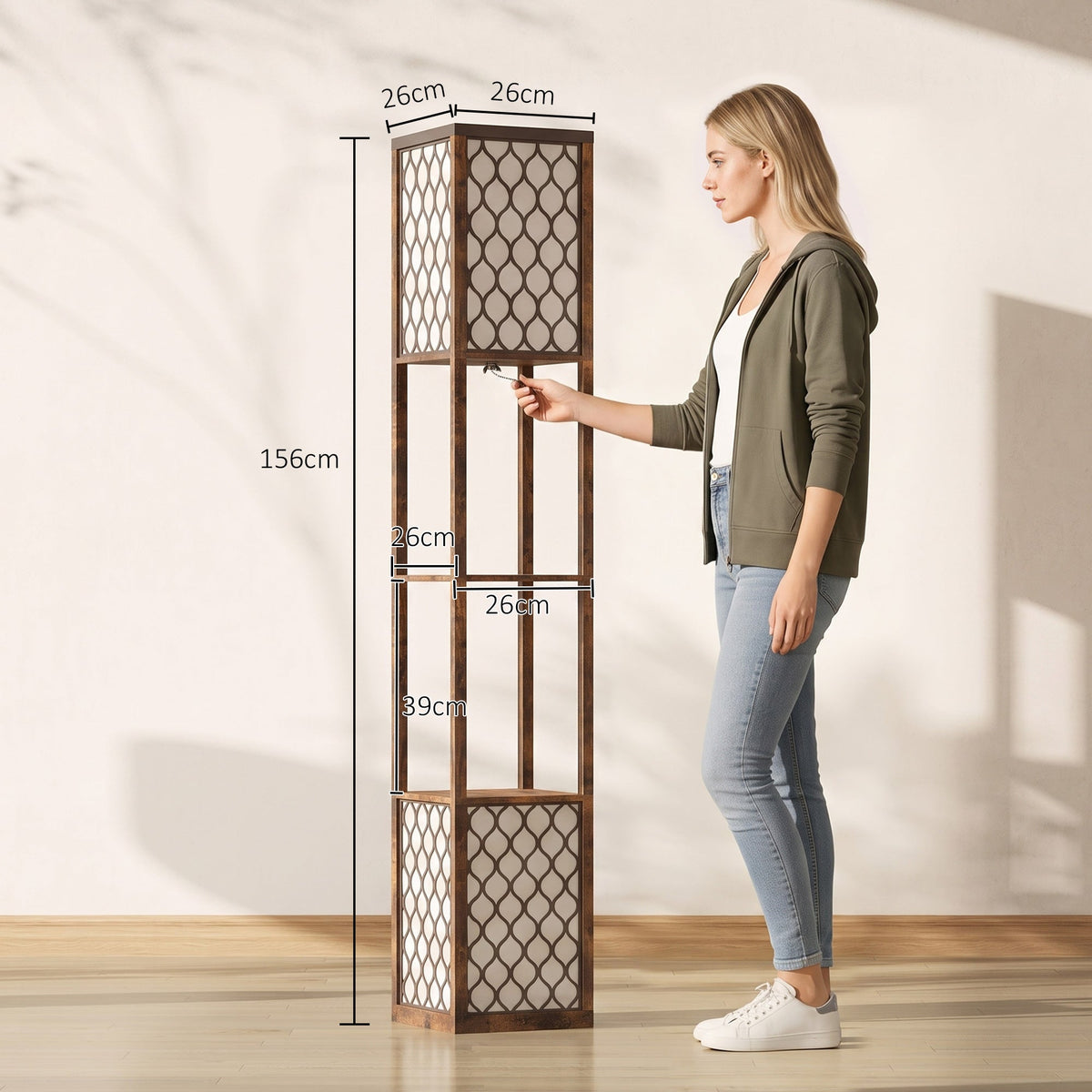 Floor Lamp with Shelves, Modern Tall Standing Lamp with Fabric Lampshades, Zipper Switch and Dual Light for Living Room and Bedroom, Bulbs Not Included, Rustic Brown