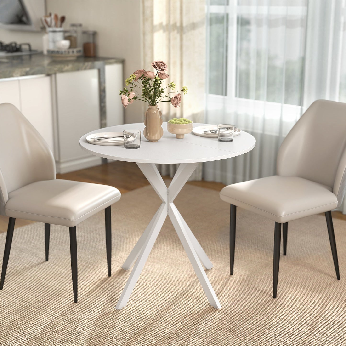 80cm Round Dining Table, Industrial Kitchen Table with Cross Steel Legs for Dining Room, Kitchen, Living Room, White