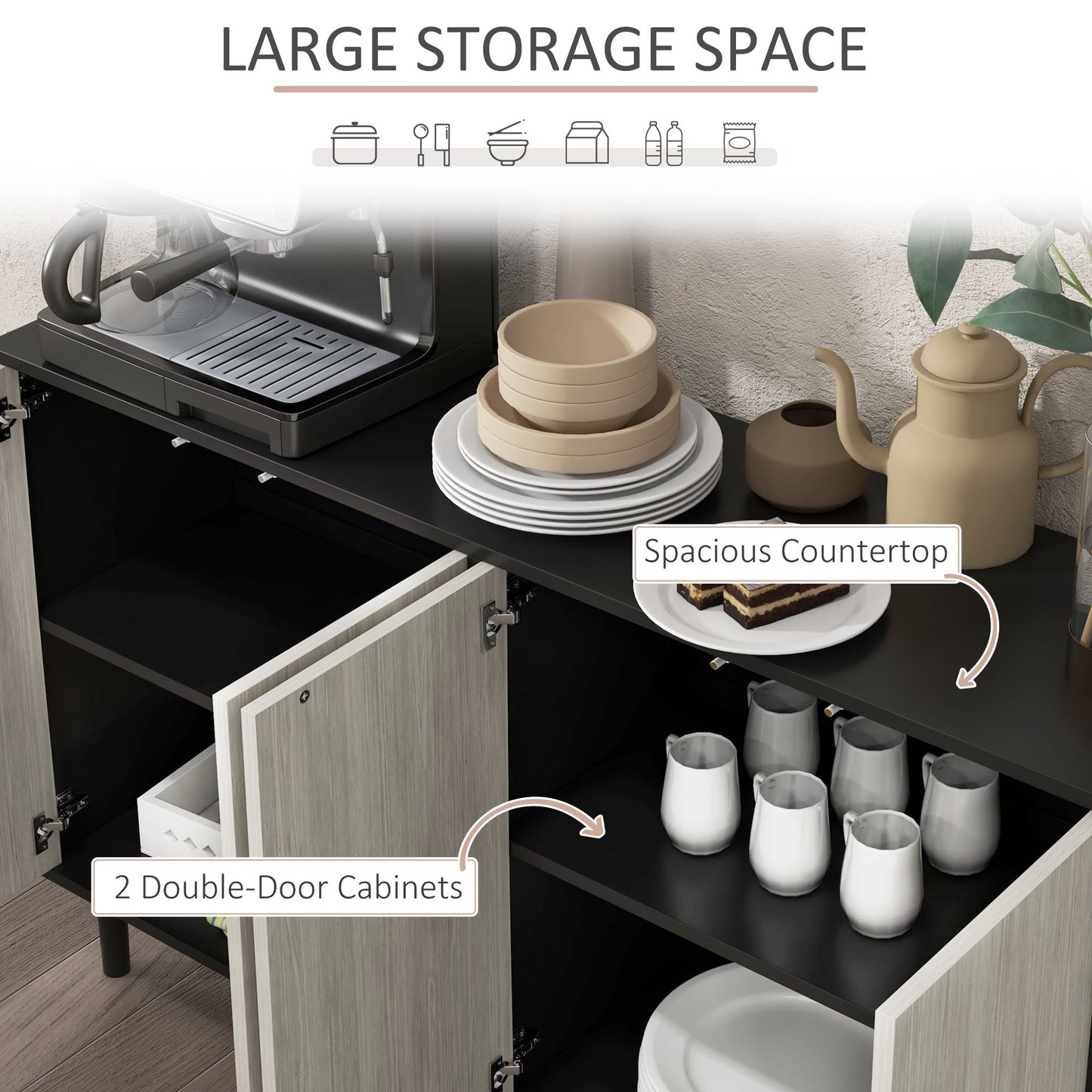 HOMCOM Modern Sideboard with 2 Cupboards, Kitchen Storage Cabinet for Living Room with Adjustable Shelves, 4 Doors and Solid Wood Legs, Black