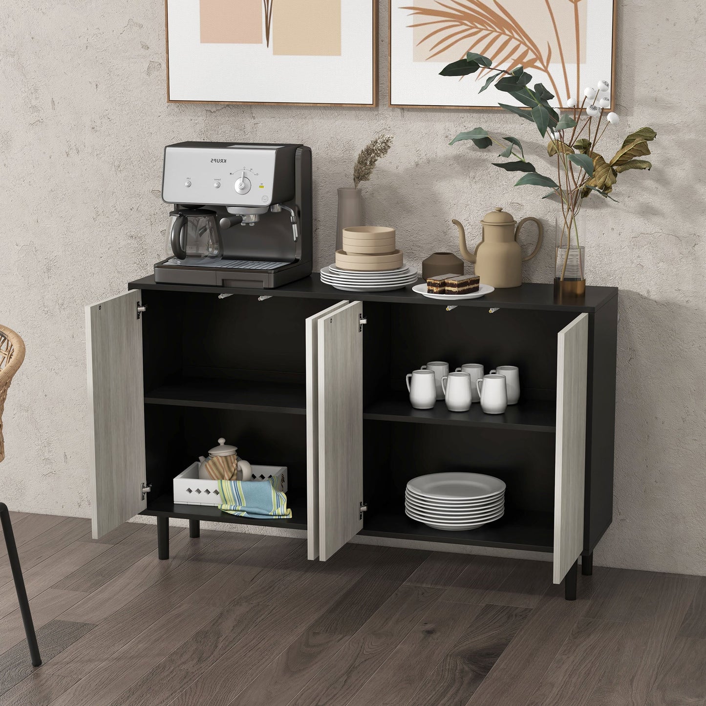 HOMCOM Modern Sideboard with 2 Cupboards, Kitchen Storage Cabinet for Living Room with Adjustable Shelves, 4 Doors and Solid Wood Legs, Black